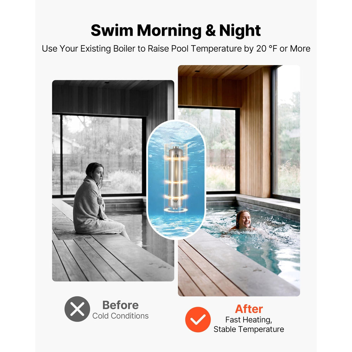 Pool Heat Exchanger, 210K BTU Swimming Pool Heater Exchanger, 316L Stainless Steel Construction, High Efficiency Water to Water Transfer Heating System for Spa, Hot Tub, Indoor/Outdoor, Silver
