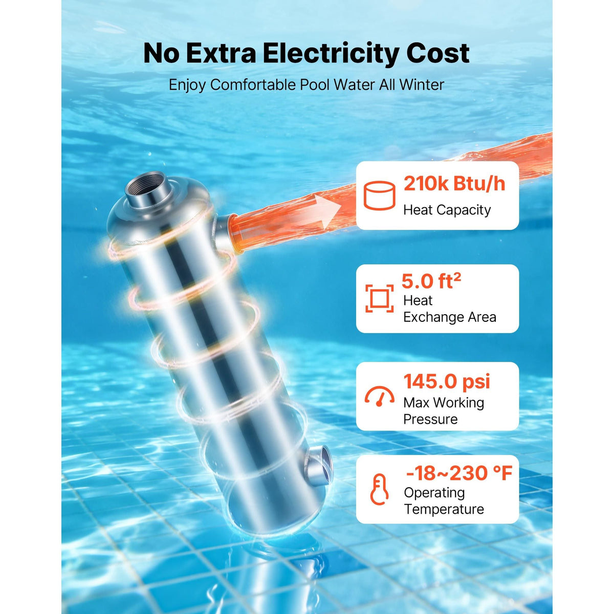 Pool Heat Exchanger, 210K BTU Swimming Pool Heater Exchanger, 316L Stainless Steel Construction, High Efficiency Water to Water Transfer Heating System for Spa, Hot Tub, Indoor/Outdoor, Silver