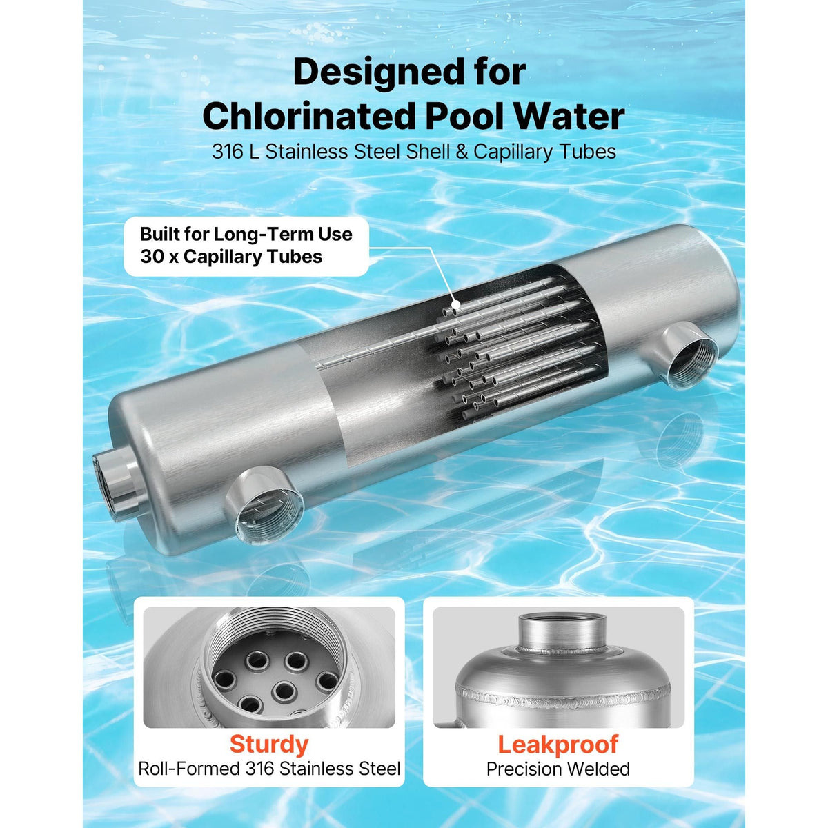 Pool Heat Exchanger, 360K BTU Swimming Pool Heater Exchanger, 316L Stainless Steel Construction, High Efficiency Water to Water Transfer Heating System for Spa, Hot Tub, Indoor/Outdoor, Silver