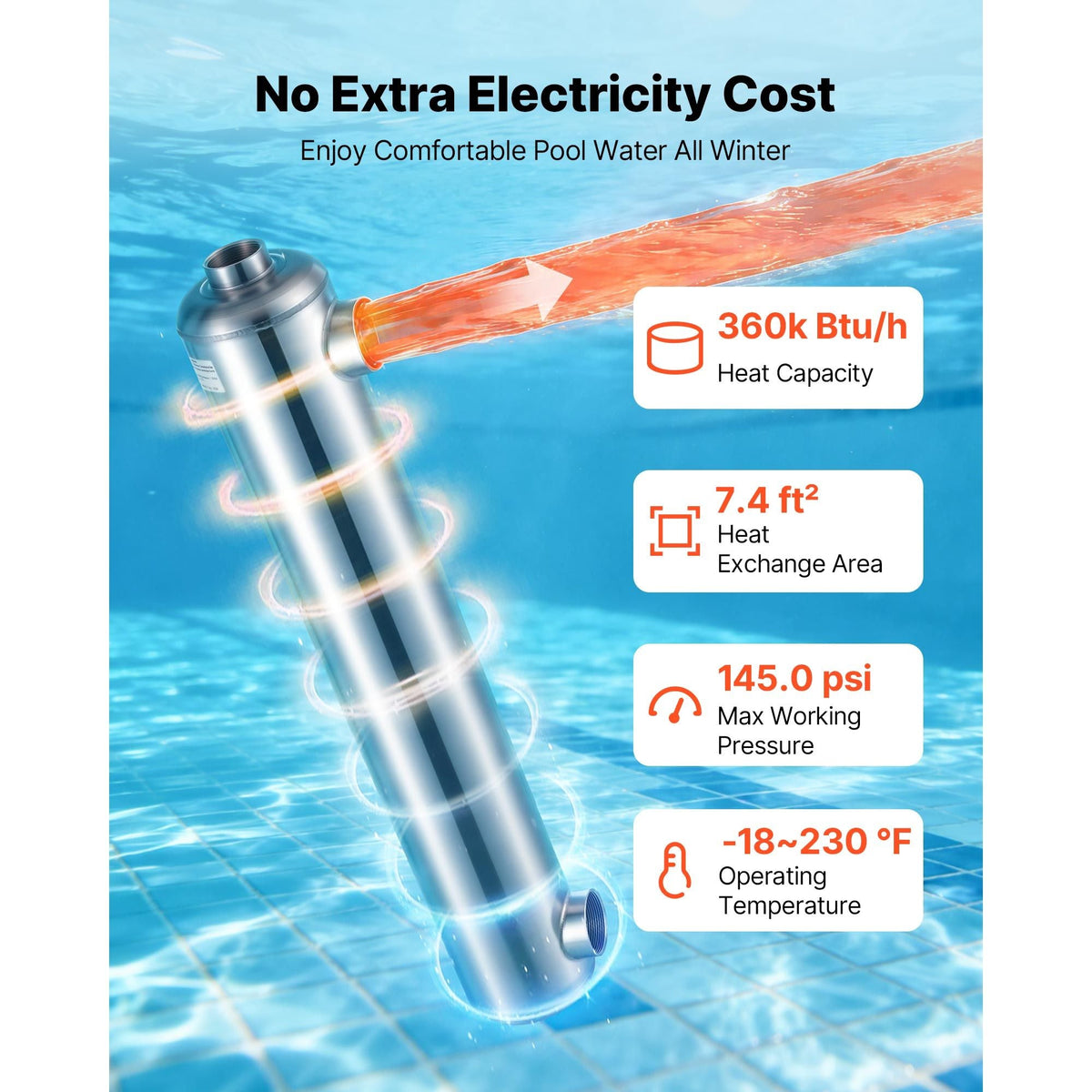 Pool Heat Exchanger, 360K BTU Swimming Pool Heater Exchanger, 316L Stainless Steel Construction, High Efficiency Water to Water Transfer Heating System for Spa, Hot Tub, Indoor/Outdoor, Silver