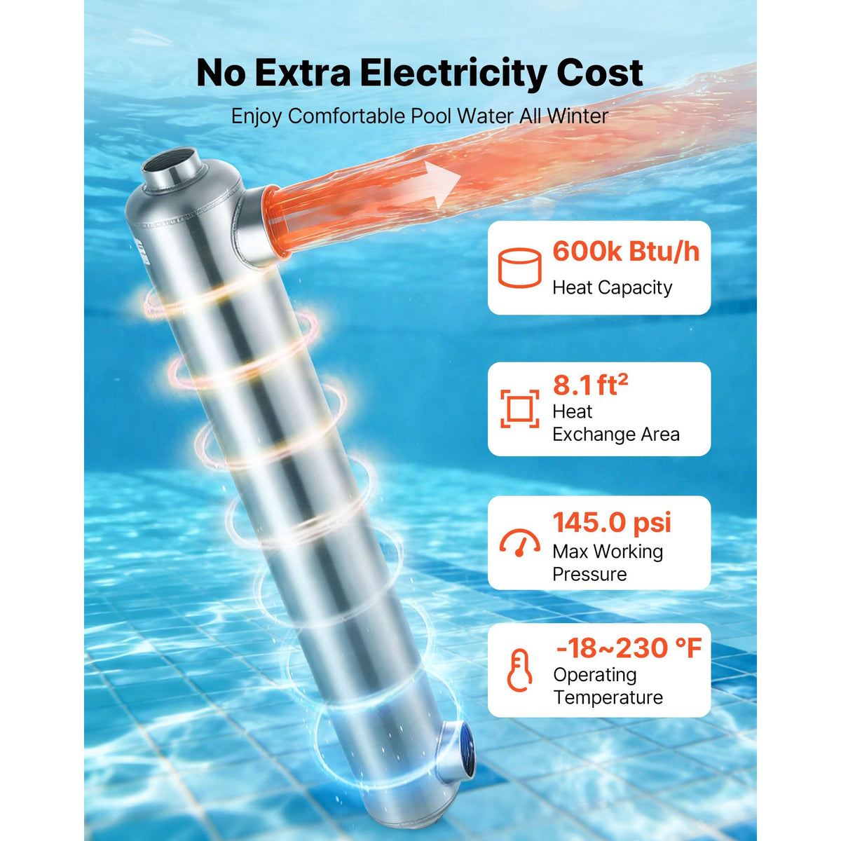 Pool Heat Exchanger, 600K BTU Swimming Pool Heater Exchanger, 316L Stainless Steel Construction, High Efficiency Water to Water Transfer Heating System for Spa, Hot Tub, Indoor/Outdoor, Silver