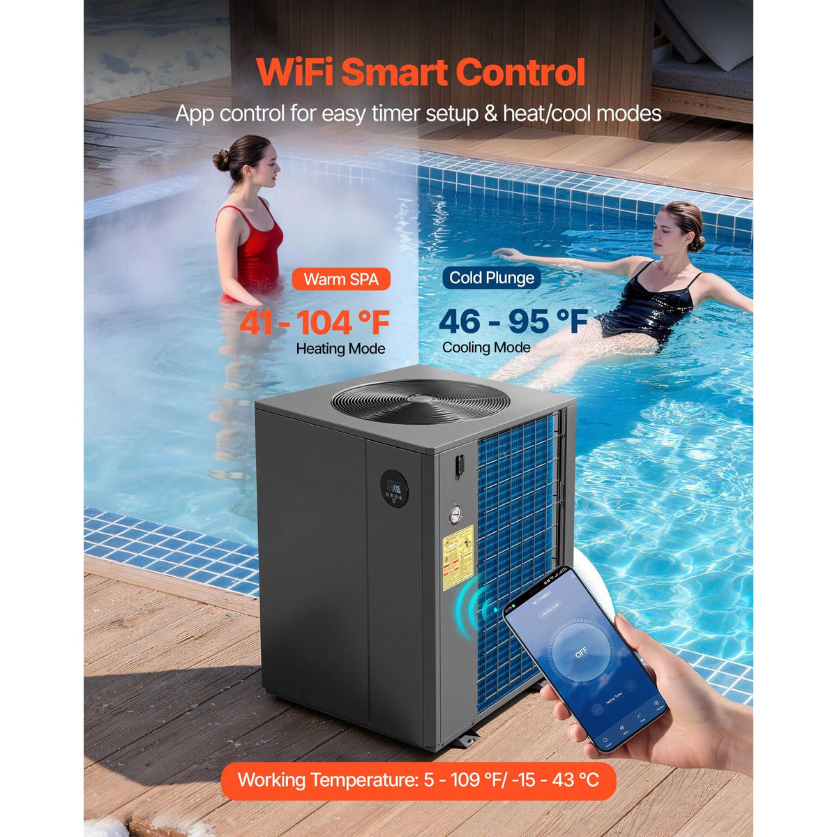 Pool Heat Pump Max 104790 BTU, Electric Pool Heater for In-Ground Up to 27738 Gallons, All-DC Inverter Technology, WiFi & App Remote Control, Multiple Protection for Swimming Parties
