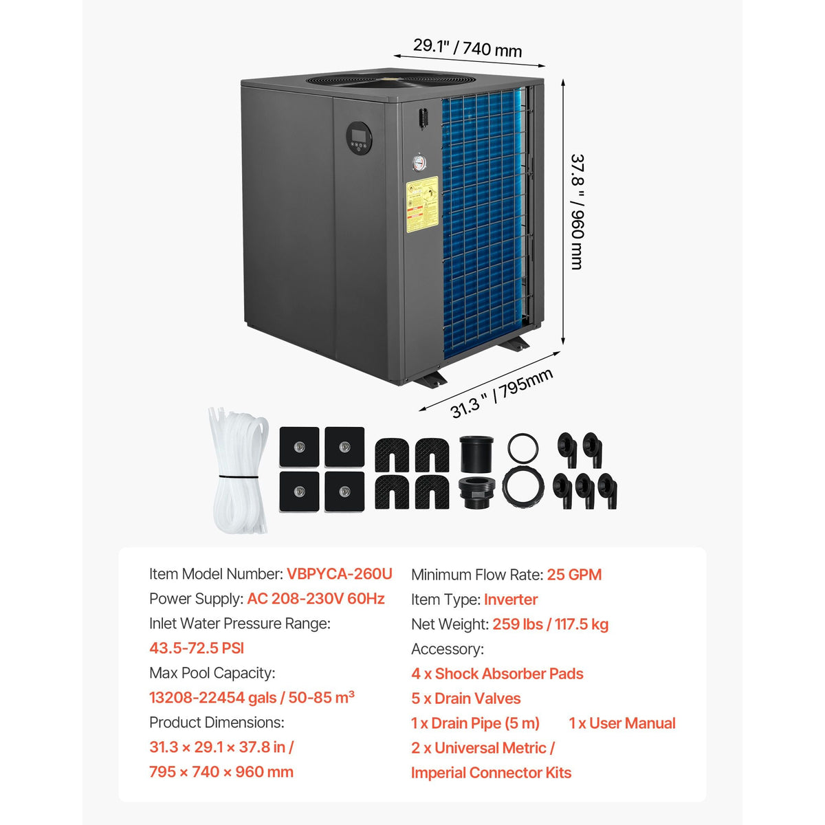 Pool Heat Pump Max 88850 BTU, Electric Pool Heater for In-Ground Up to 22454 Gallons, All-DC Inverter Technology, WiFi & App Remote Control, Multiple Protection for Swimming Parties
