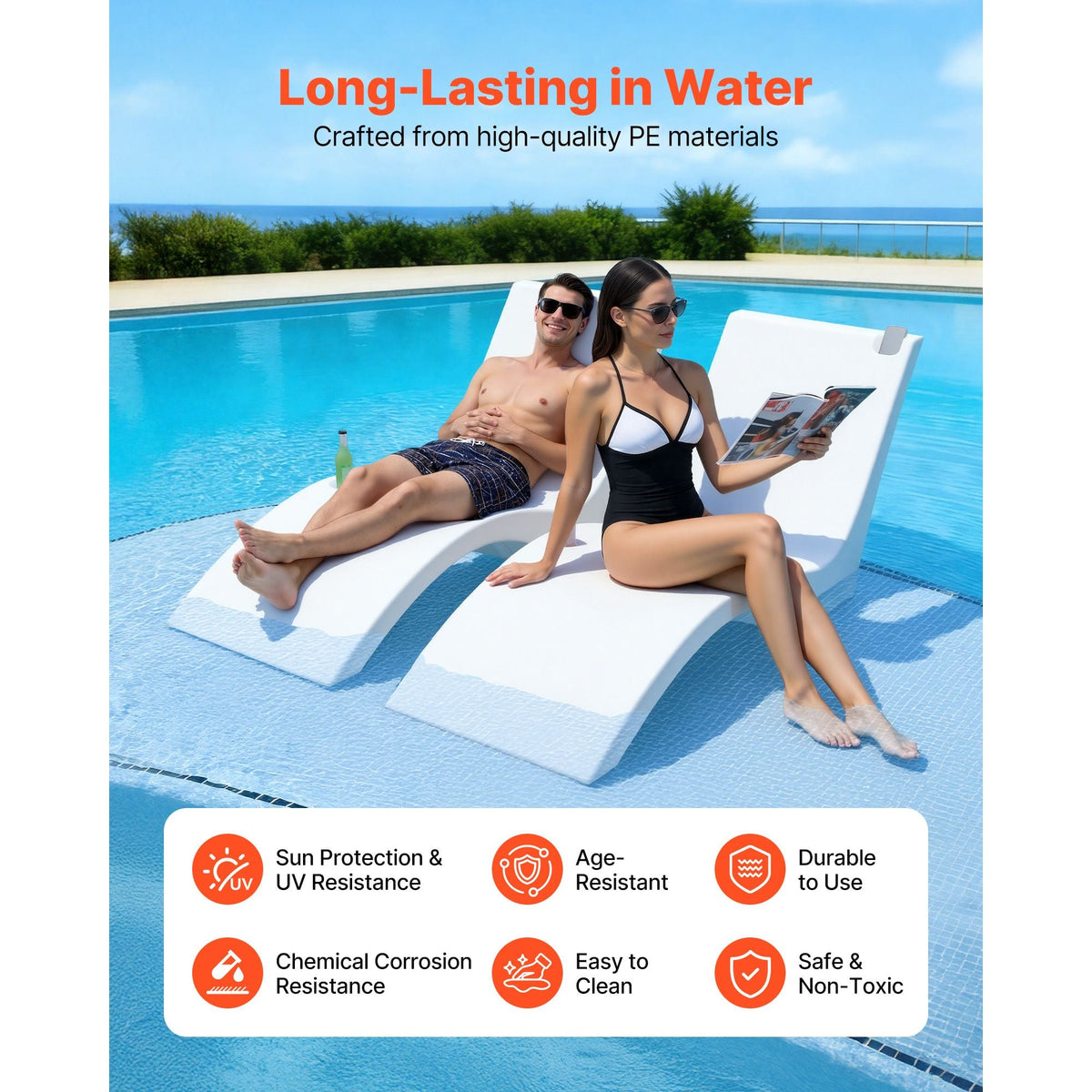 Pool Lounge Chairs, Set of 2 Chaise Lounger, Water Weighted In-Pool Lounger Chairs for up to 9" Water Depths, Anti-Floating Patio Furniture with Cup Phone Holders for Sun Shelf & Tanning Ledge