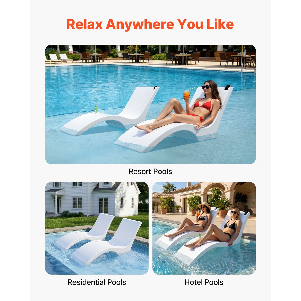 Pool Lounge Chairs, Set of 2 Chaise Lounger, Water Weighted In-Pool Lounger Chairs for up to 9" Water Depths, Anti-Floating Patio Furniture with Cup Phone Holders for Sun Shelf & Tanning Ledge