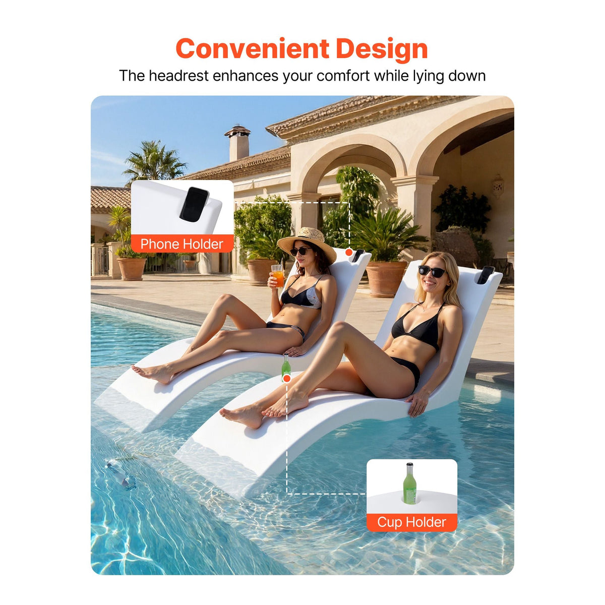 Pool Lounge Chairs, Set of 2 Chaise Lounger, Water Weighted In-Pool Lounger Chairs for up to 9" Water Depths, Anti-Floating Patio Furniture with Cup Phone Holders for Sun Shelf & Tanning Ledge
