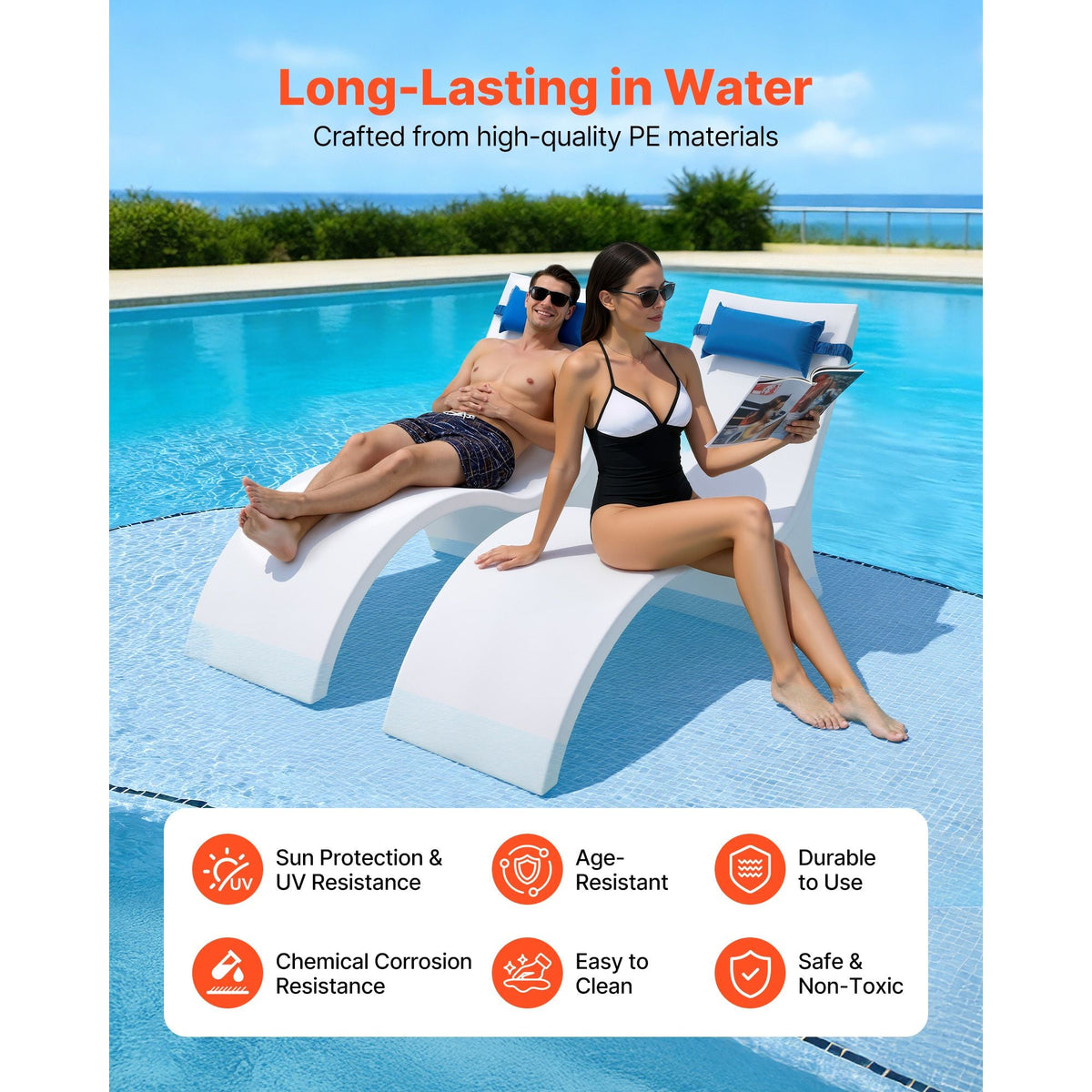 Pool Lounge Chairs, Set of 2 Chaise Lounger with Headrest, Water Weighted In-Pool Lounger Chairs for up to 15" Water Depths, Anti-Floating Patio Furniture for Sun Shelf & Tanning Ledge, 440LBS