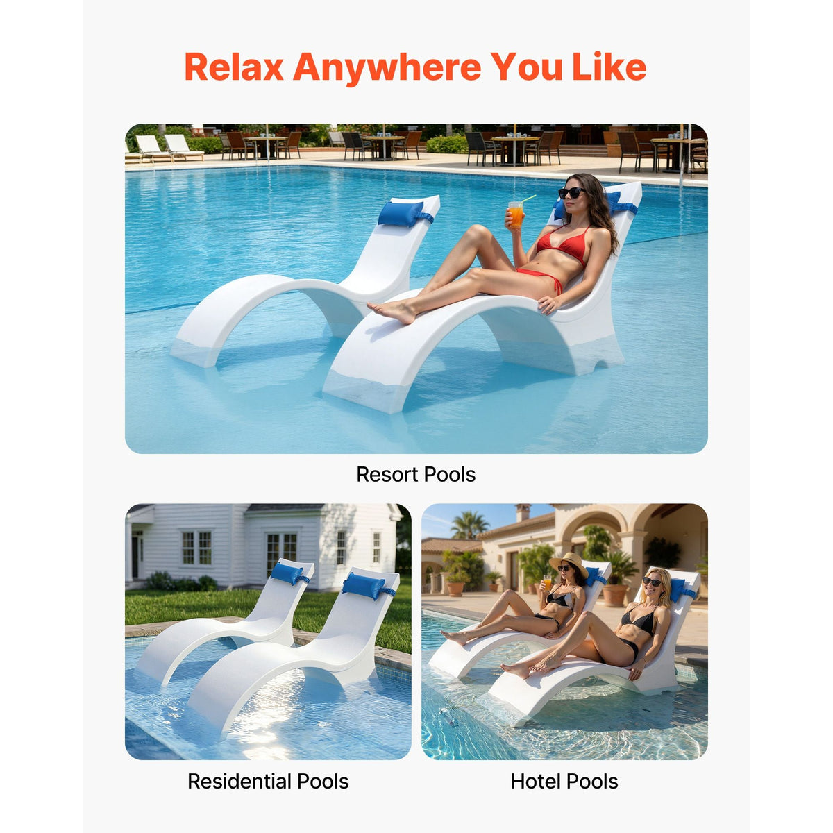Pool Lounge Chairs, Set of 2 Chaise Lounger with Headrest, Water Weighted In-Pool Lounger Chairs for up to 15" Water Depths, Anti-Floating Patio Furniture for Sun Shelf & Tanning Ledge, 440LBS