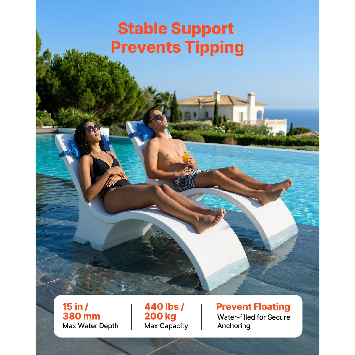 Pool Lounge Chairs, Set of 2 Chaise Lounger with Headrest, Water Weighted In-Pool Lounger Chairs for up to 15" Water Depths, Anti-Floating Patio Furniture for Sun Shelf & Tanning Ledge, 440LBS