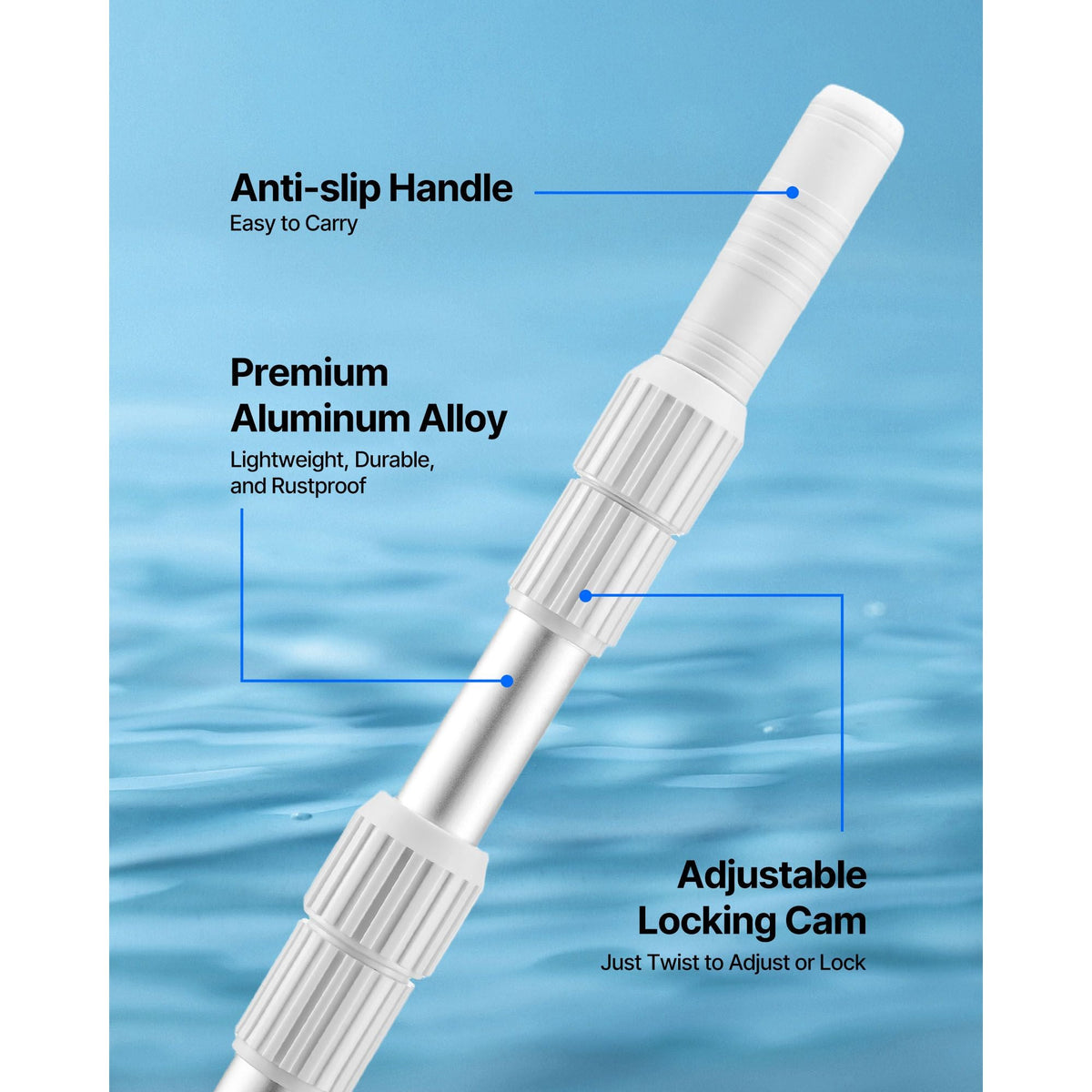 Pool Pole, 3.4 to 12 Ft Telescoping Swimming Pool Cleaning Poles, Professional Adjustable Telescopic Pole with Extension Pole, Heavy Duty Cleaner Stick for Skimmer Net, Rake, Brush, Vacuum Head