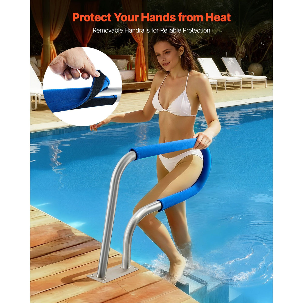 Pool Rail, 31 x 22 inch Pool Handrail, 220 lbs Load Capacity Heavy Duty 304 Stainless Steel Swimming Handrail, Detachable Nonslip Sleeve, Rich Accessories
