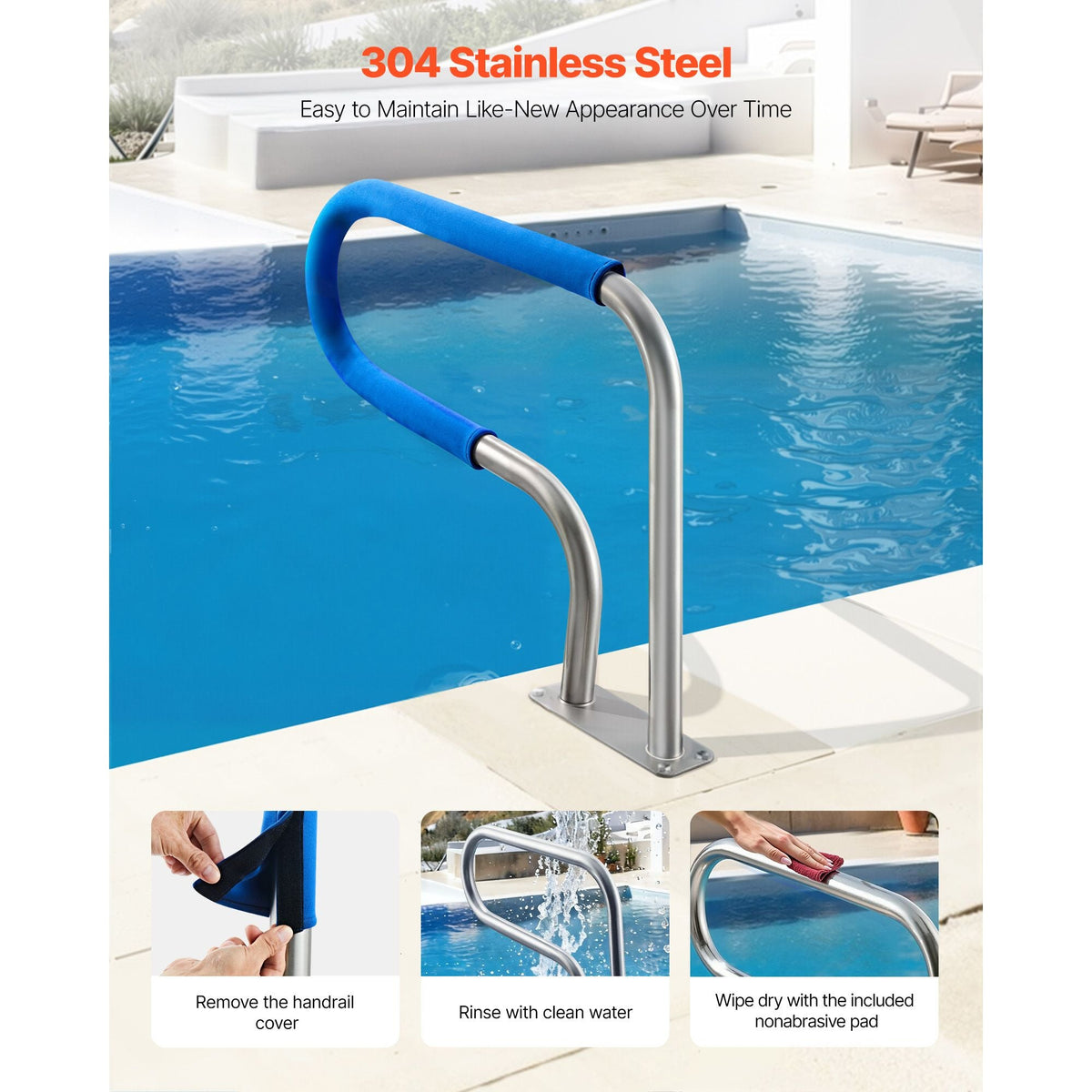 Pool Rail, 31 x 22 inch Pool Handrail, 220 lbs Load Capacity Heavy Duty 304 Stainless Steel Swimming Handrail, Detachable Nonslip Sleeve, Rich Accessories