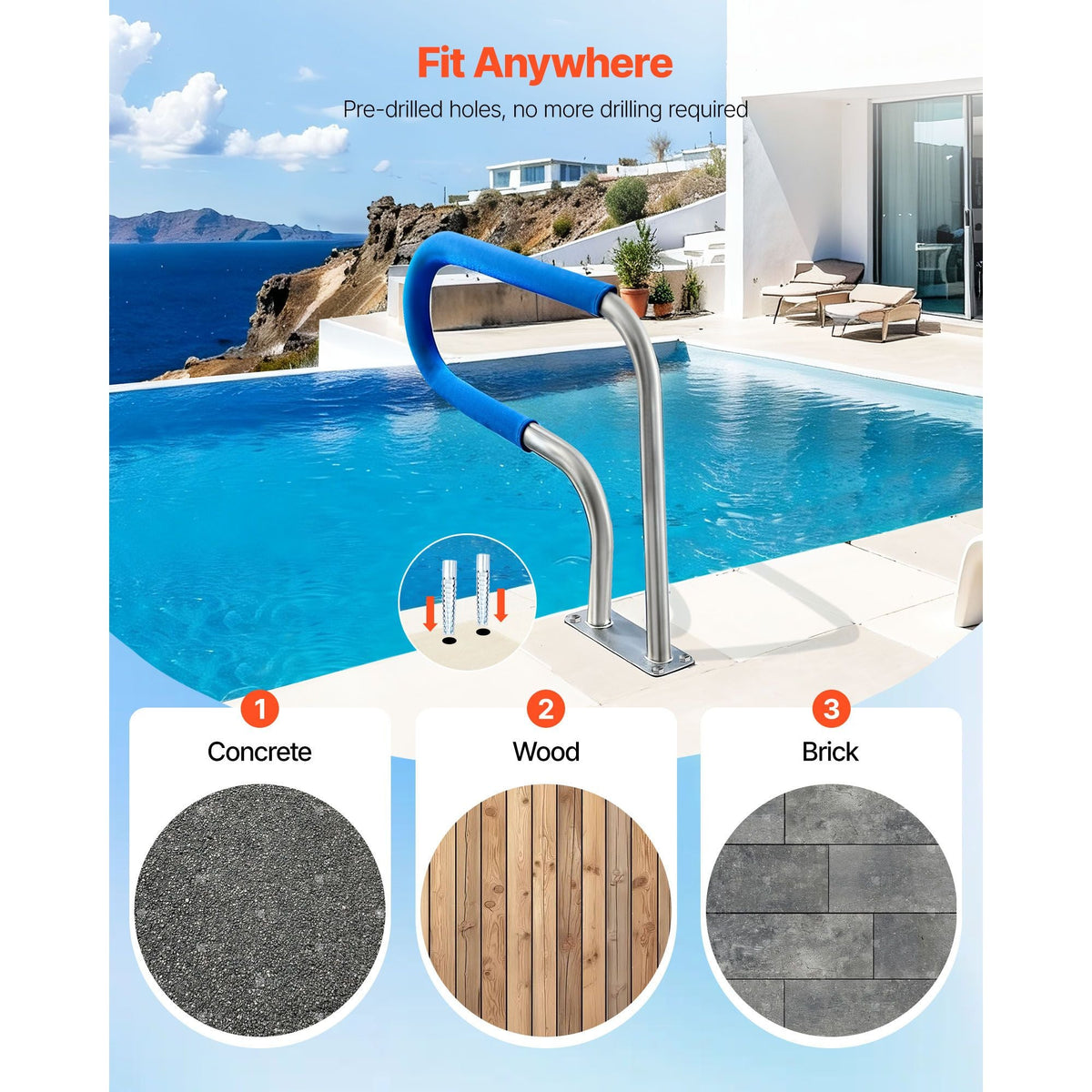 Pool Rail, 31 x 22 inch Pool Handrail, 220 lbs Load Capacity Heavy Duty 304 Stainless Steel Swimming Handrail, Detachable Nonslip Sleeve, Rich Accessories