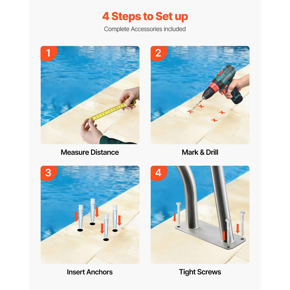 Pool Rail, 31 x 22 inch Pool Handrail, 220 lbs Load Capacity Heavy Duty 304 Stainless Steel Swimming Handrail, Detachable Nonslip Sleeve, Rich Accessories