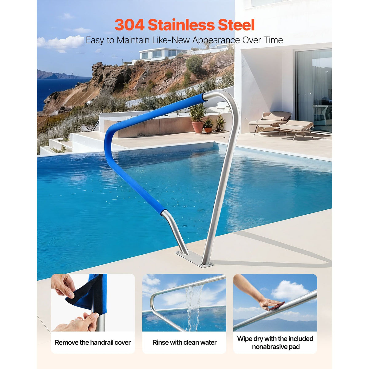 Pool Rail, 48 x 36 inch Pool Handrail, 220 lbs Load Capacity Heavy Duty 304 Stainless Steel Swimming Handrail, Detachable Nonslip Sleeve, Rich Accessories, for Poolside, Water Parks, Spa Centers