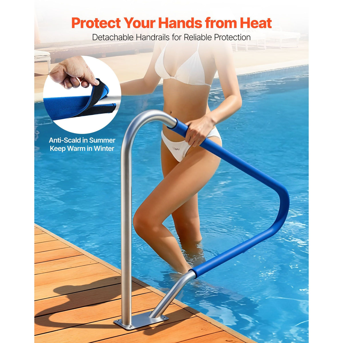 Pool Rail, 48 x 36 inch Pool Handrail, 220 lbs Load Capacity Heavy Duty 304 Stainless Steel Swimming Handrail, Detachable Nonslip Sleeve, Rich Accessories, for Poolside, Water Parks, Spa Centers