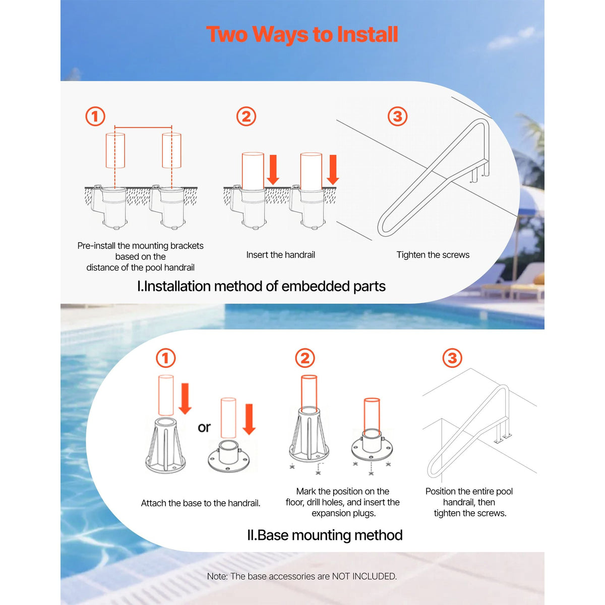 Pool Rail, 54 x 32 inch Pool Handrail, 220 lbs Load Capacity Heavy Duty 304 Stainless Steel Swimming Handrail, Detachable Nonslip Sleeve, Recessed or Base Mount, for Poolside, Water Parks