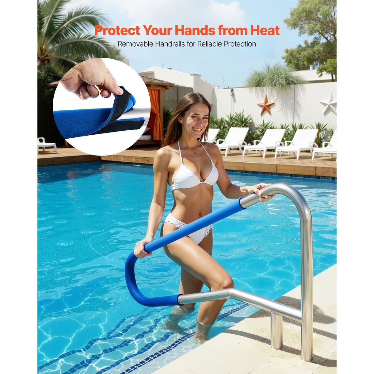 Pool Rail, 54 x 32 inch Pool Handrail, 220 lbs Load Capacity Heavy Duty 304 Stainless Steel Swimming Handrail, Detachable Nonslip Sleeve, Recessed or Base Mount, for Poolside, Water Parks