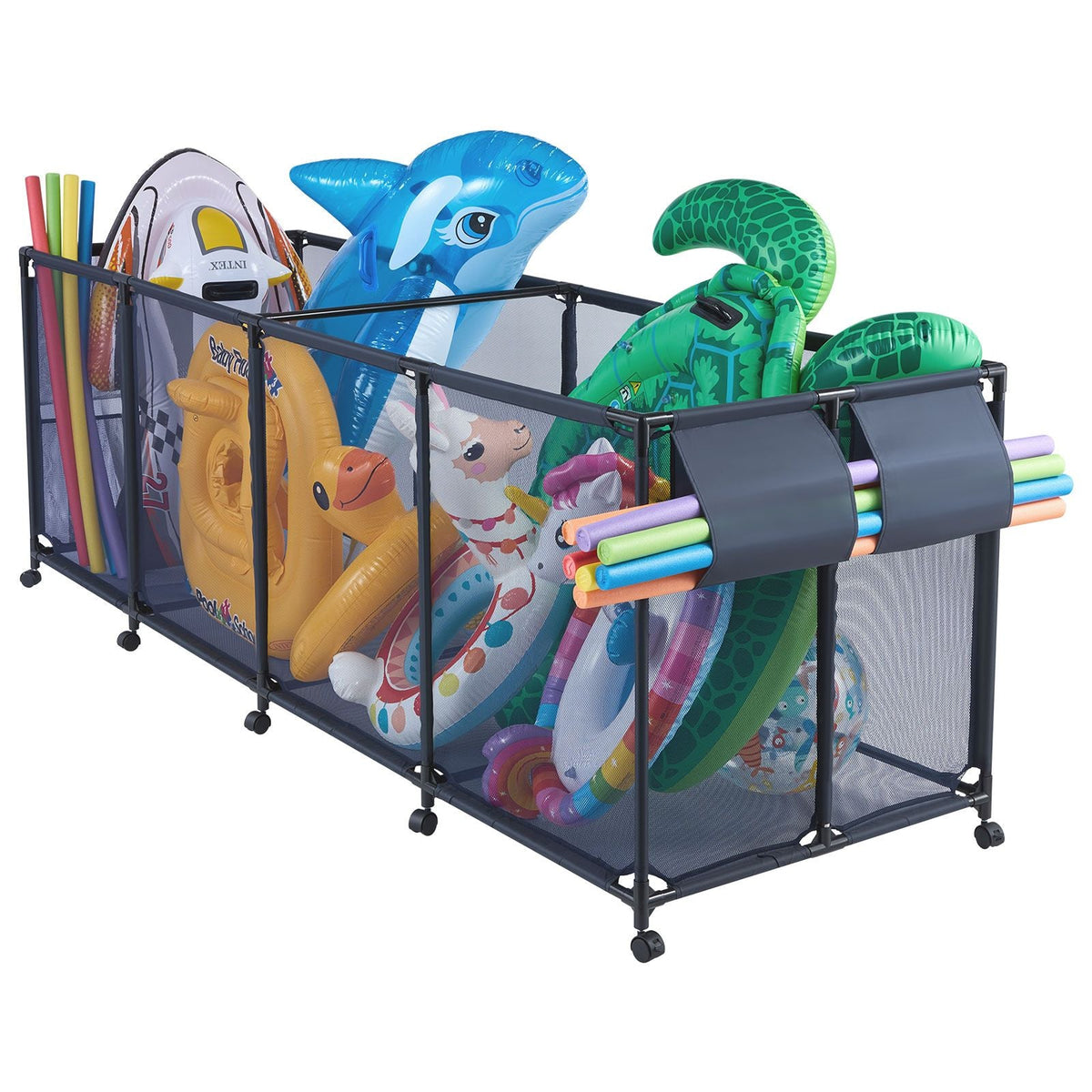Pool Storage Bin, 103 x 32 x 35 in, Rolling Pool Float Storage Organizer with Side Pockets & Noodles Holder, Durable Metal Frame, Poolside Toys Breathable Mesh Basket for Swimming Pools