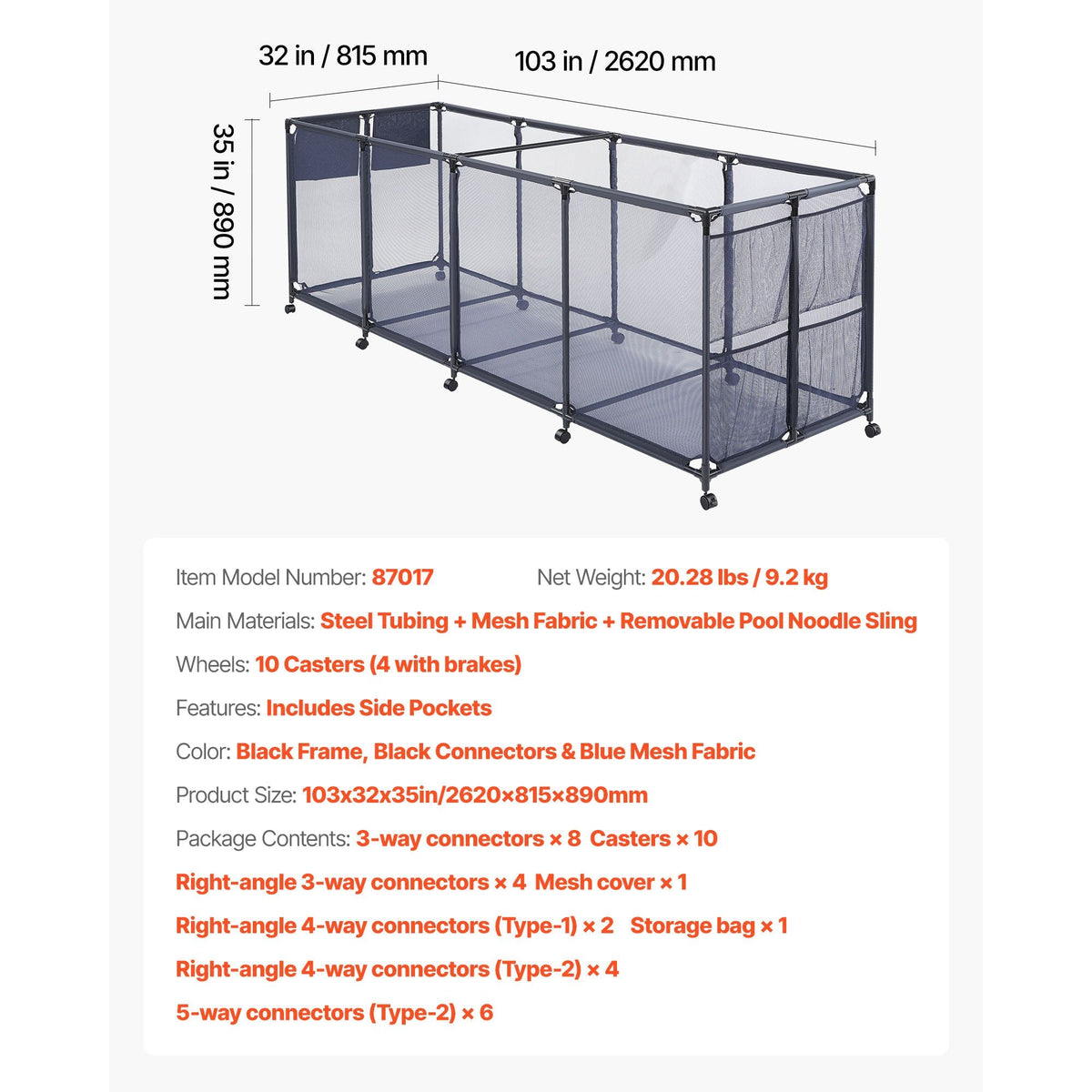 Pool Storage Bin, 103 x 32 x 35 in, Rolling Pool Float Storage Organizer with Side Pockets & Noodles Holder, Durable Metal Frame, Poolside Toys Breathable Mesh Basket for Swimming Pools