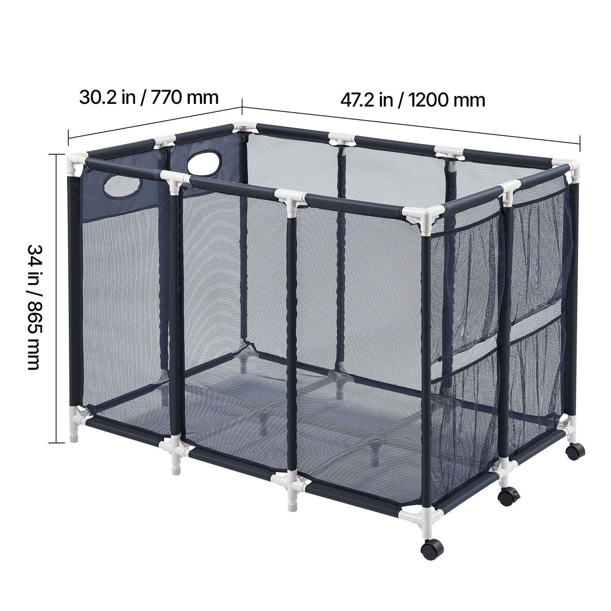 Pool Storage Bin, 47.2 x 30.2 x 34 in, Rolling Pool Float Storage Organizer with Side Pockets & Casters, Heavy Duty Plastic Frame, Poolside Toys Noodles Holder Mesh Basket for Swimming Pools