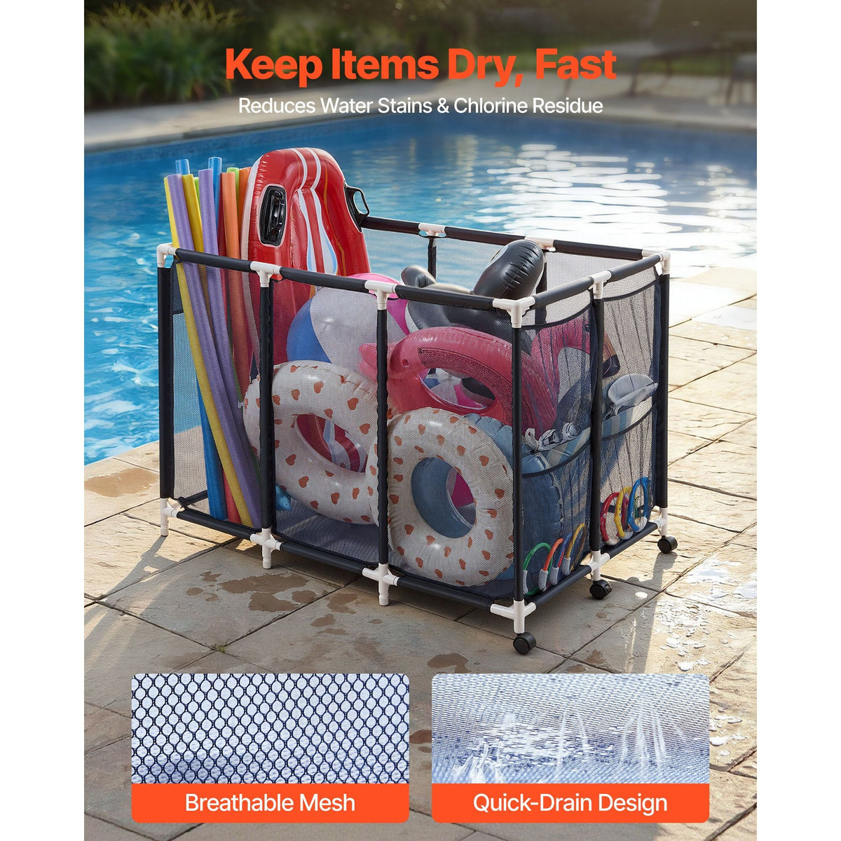 Pool Storage Bin, 47.2 x 30.2 x 34 in, Rolling Pool Float Storage Organizer with Side Pockets & Casters, Heavy Duty Plastic Frame, Poolside Toys Noodles Holder Mesh Basket for Swimming Pools
