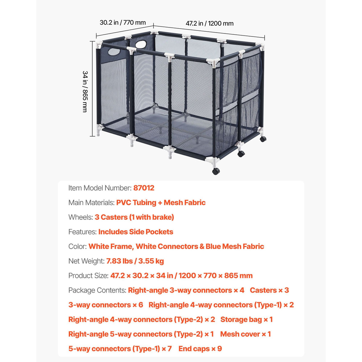 Pool Storage Bin, 47.2 x 30.2 x 34 in, Rolling Pool Float Storage Organizer with Side Pockets & Casters, Heavy Duty Plastic Frame, Poolside Toys Noodles Holder Mesh Basket for Swimming Pools