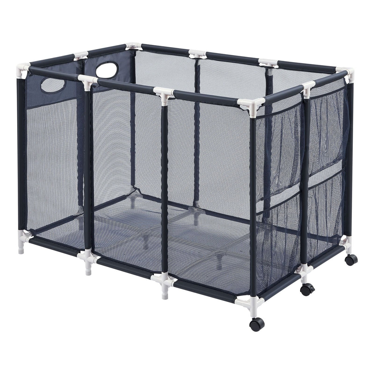 Pool Storage Bin, 47.2 x 30.2 x 34 in, Rolling Pool Float Storage Organizer with Side Pockets & Casters, Heavy Duty Plastic Frame, Poolside Toys Noodles Holder Mesh Basket for Swimming Pools