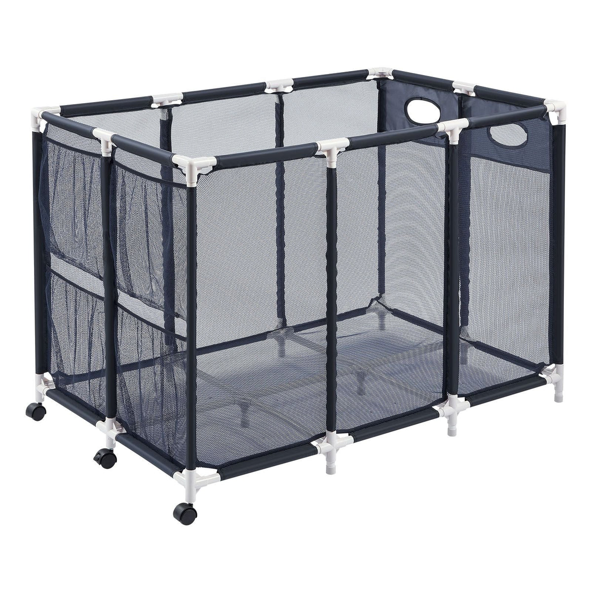 Pool Storage Bin, 47.2 x 30.2 x 34 in, Rolling Pool Float Storage Organizer with Side Pockets & Casters, Heavy Duty Plastic Frame, Poolside Toys Noodles Holder Mesh Basket for Swimming Pools