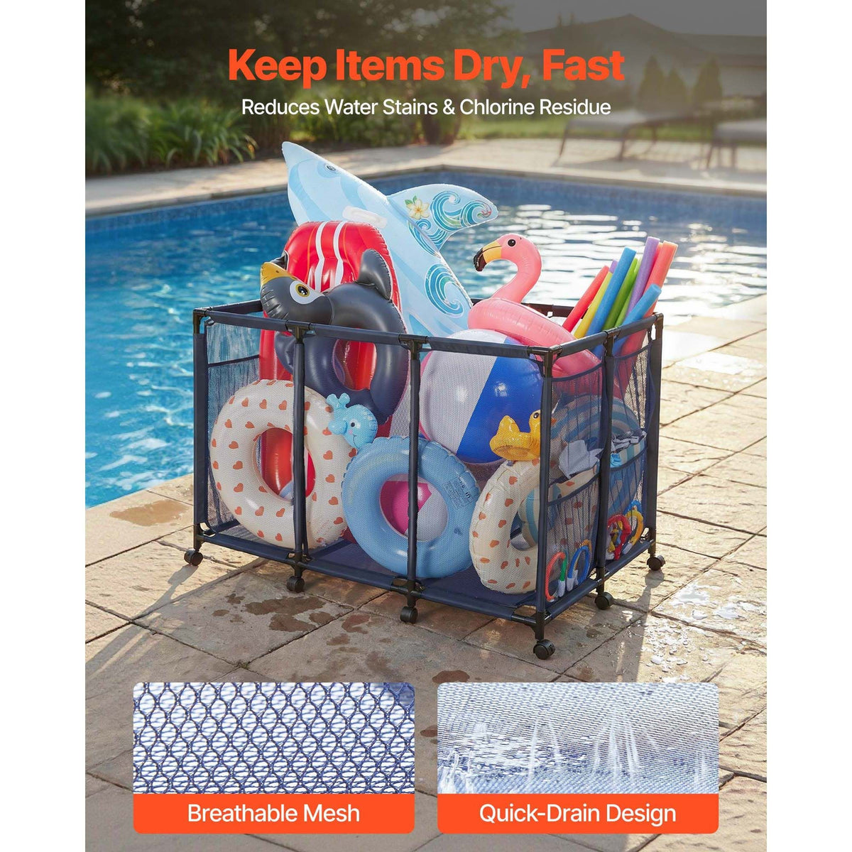 Pool Storage Bin, 48.8 x 32.7 x 32.7 in, Rolling Pool Float Storage Organizer with Side Pockets & Casters, Heavy Duty Metal Frame, Poolside Toys Noodles Holder Mesh Basket for Swimming Pools