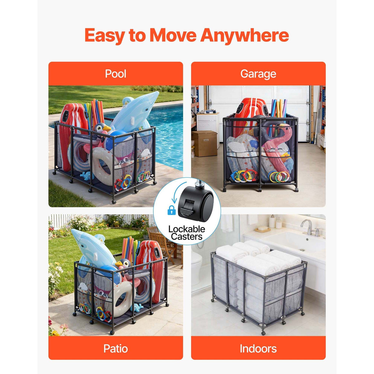 Pool Storage Bin, 48.8 x 32.7 x 32.7 in, Rolling Pool Float Storage Organizer with Side Pockets & Casters, Heavy Duty Metal Frame, Poolside Toys Noodles Holder Mesh Basket for Swimming Pools