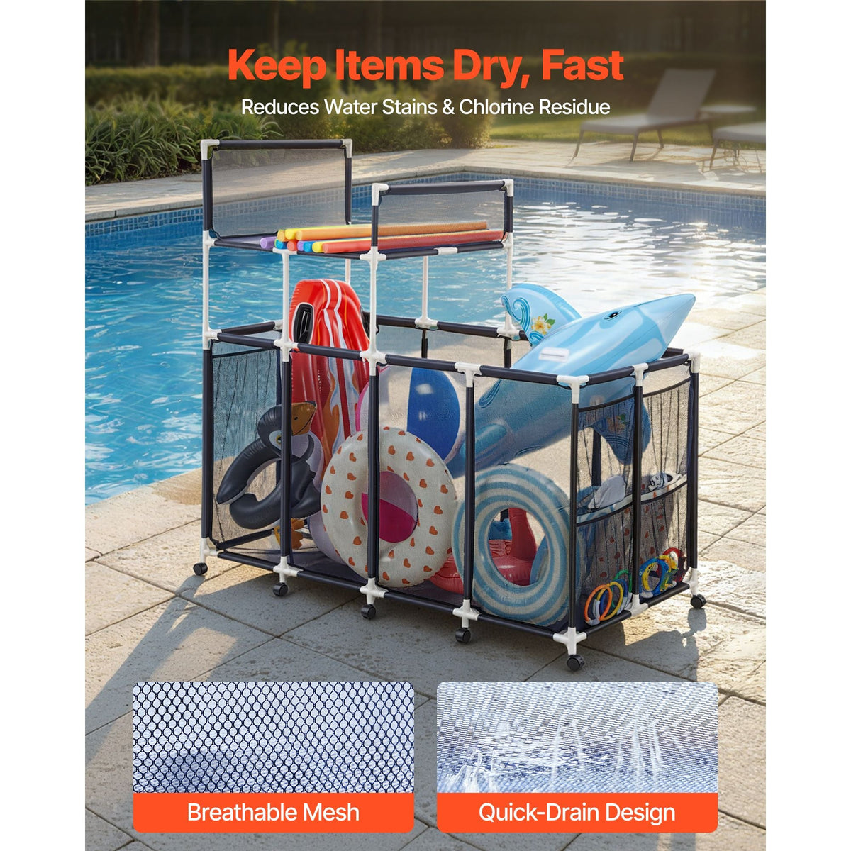 Pool Storage Bin, 64.96 x 33.46 x 64.96 in, Rolling Pool Float Storage Organizer with Side Pockets & Noodles Holder Rack, Durable Plastic Frame, Poolside Toys Mesh Basket for Swimming Pools