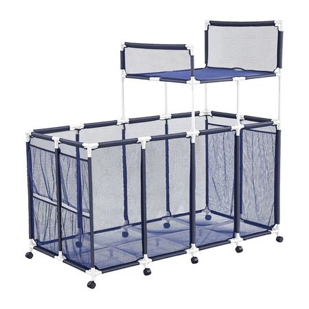 Pool Storage Bin, 64.96 x 33.46 x 64.96 in, Rolling Pool Float Storage Organizer with Side Pockets & Noodles Holder Rack, Durable Plastic Frame, Poolside Toys Mesh Basket for Swimming Pools