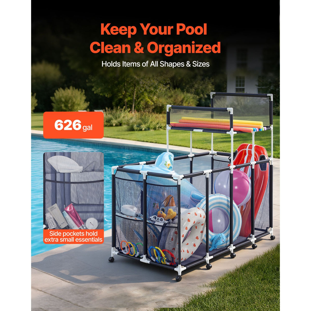 Pool Storage Bin, 64.96 x 33.46 x 64.96 in, Rolling Pool Float Storage Organizer with Side Pockets & Noodles Holder Rack, Durable Plastic Frame, Poolside Toys Mesh Basket for Swimming Pools