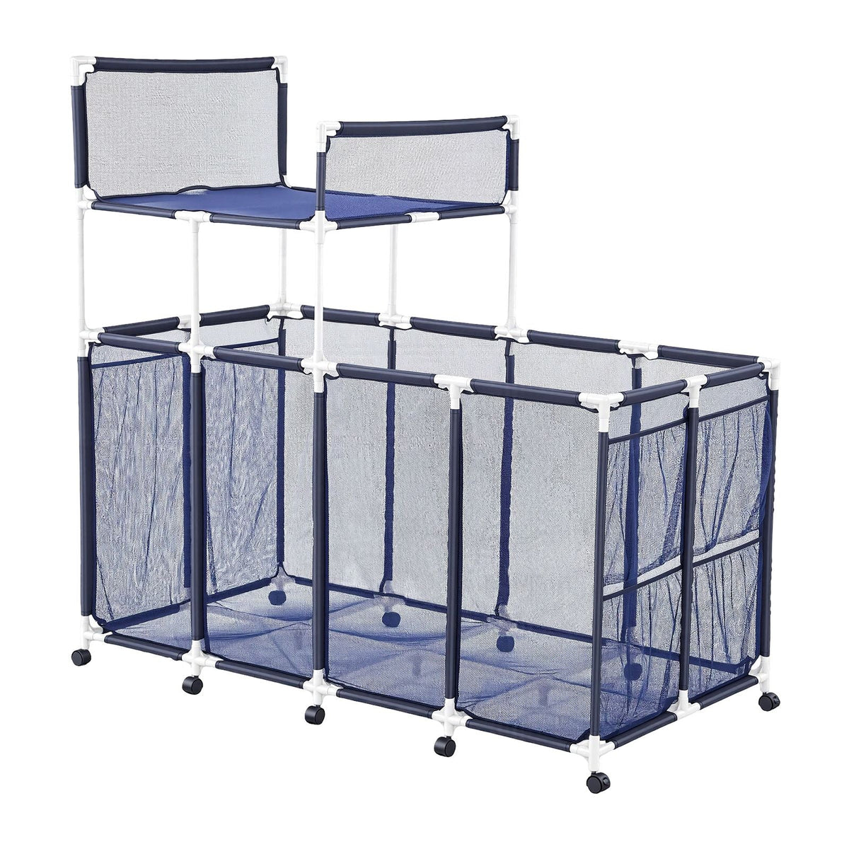 Pool Storage Bin, 64.96 x 33.46 x 64.96 in, Rolling Pool Float Storage Organizer with Side Pockets & Noodles Holder Rack, Durable Plastic Frame, Poolside Toys Mesh Basket for Swimming Pools