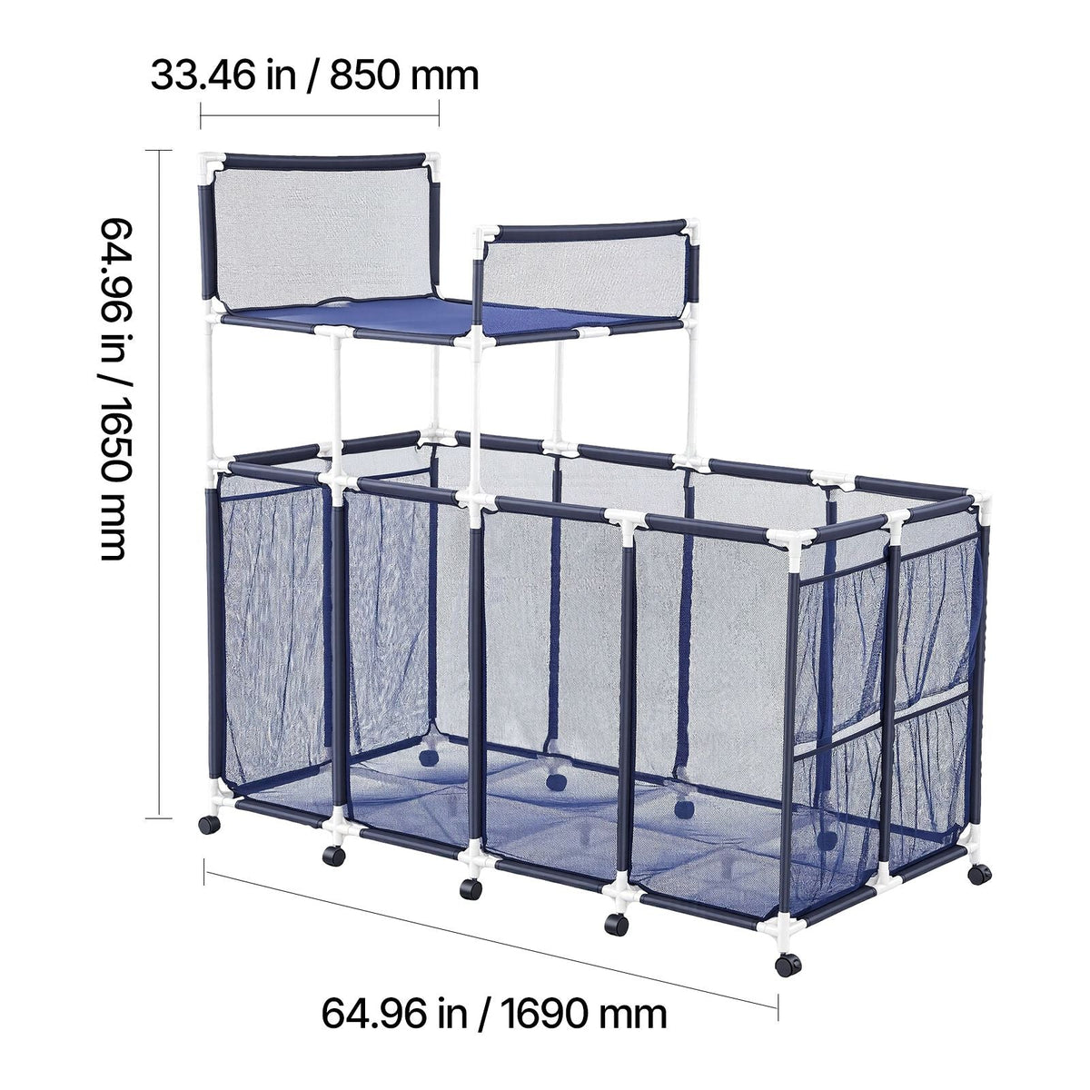 Pool Storage Bin, 64.96 x 33.46 x 64.96 in, Rolling Pool Float Storage Organizer with Side Pockets & Noodles Holder Rack, Durable Plastic Frame, Poolside Toys Mesh Basket for Swimming Pools