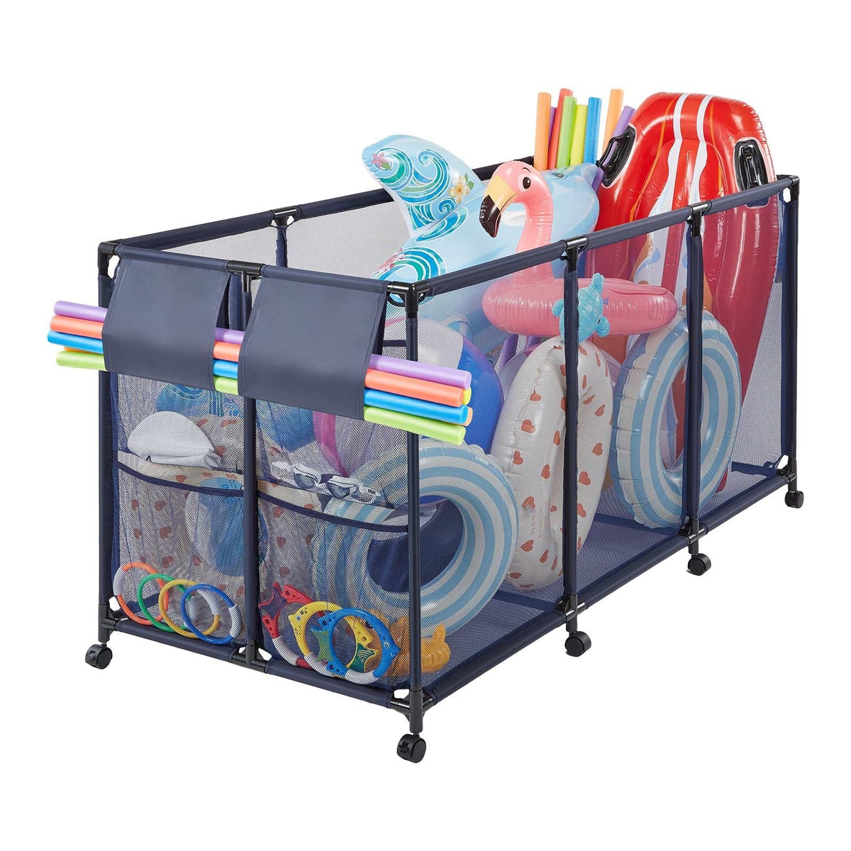 Pool Storage Bin, 69 x 32 x 35 in, Rolling Pool Float Storage Organizer with Side Pockets & Noodles Holder, Durable Metal Frame, Poolside Toys Breathable Mesh Basket for Swimming Pools