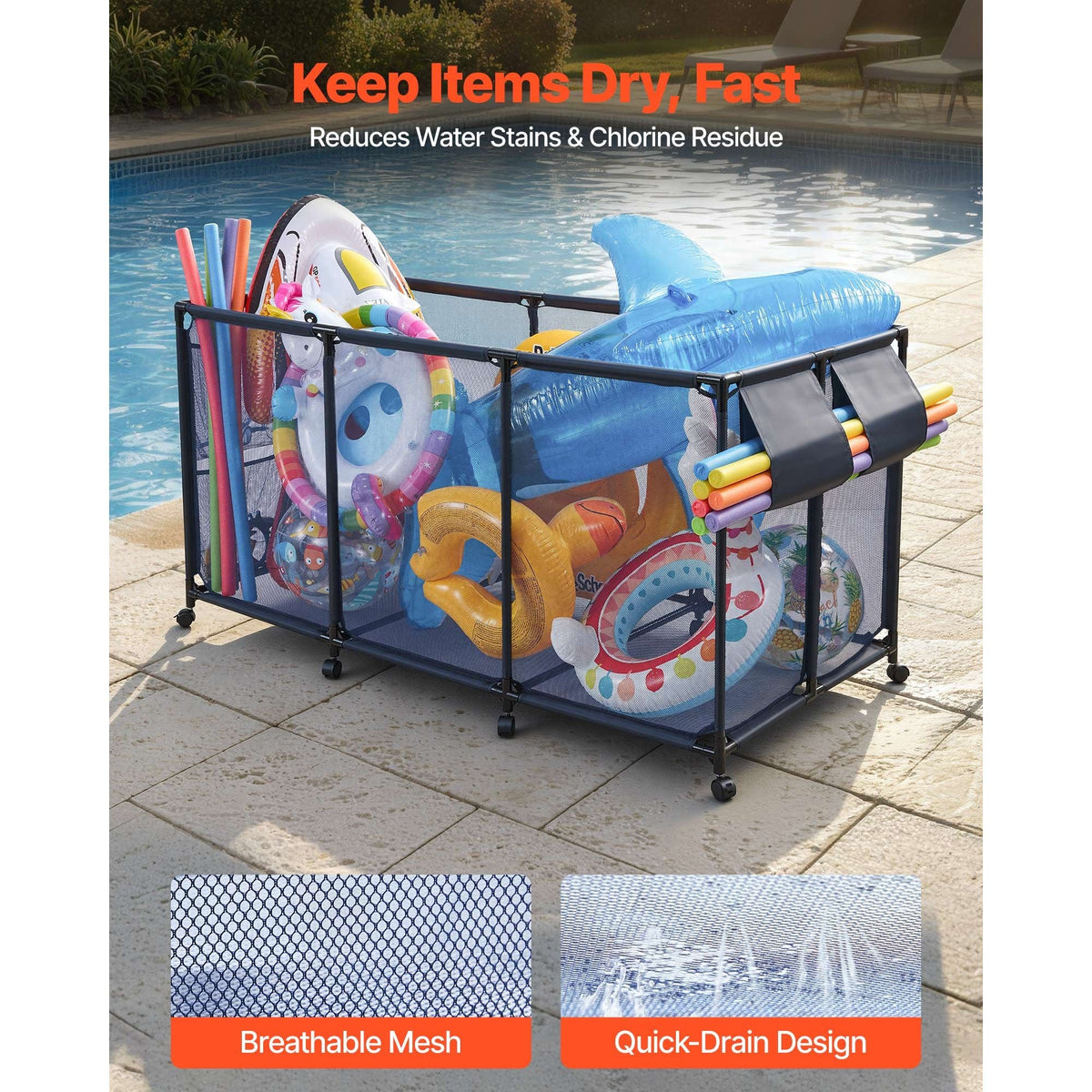 Pool Storage Bin, 69 x 32 x 35 in, Rolling Pool Float Storage Organizer with Side Pockets & Noodles Holder, Durable Metal Frame, Poolside Toys Breathable Mesh Basket for Swimming Pools