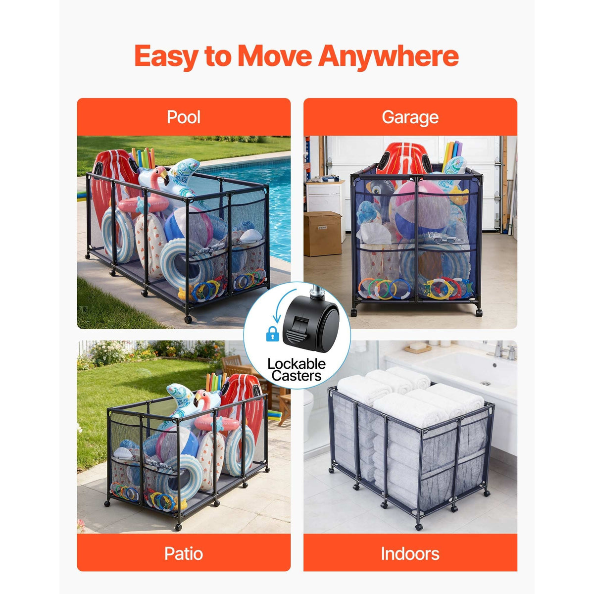 Pool Storage Bin, 69 x 32 x 35 in, Rolling Pool Float Storage Organizer with Side Pockets & Noodles Holder, Durable Metal Frame, Poolside Toys Breathable Mesh Basket for Swimming Pools