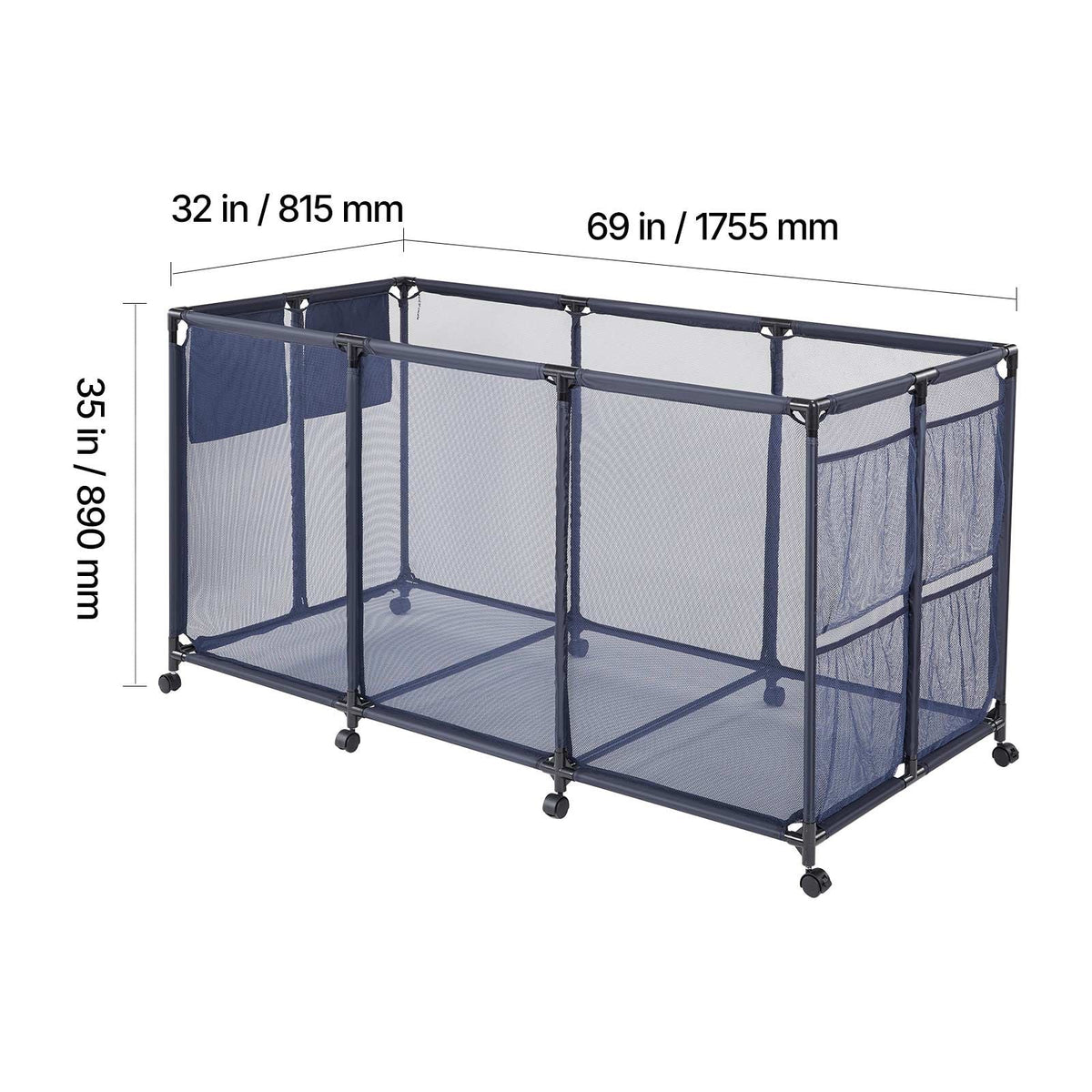 Pool Storage Bin, 69 x 32 x 35 in, Rolling Pool Float Storage Organizer with Side Pockets & Noodles Holder, Durable Metal Frame, Poolside Toys Breathable Mesh Basket for Swimming Pools