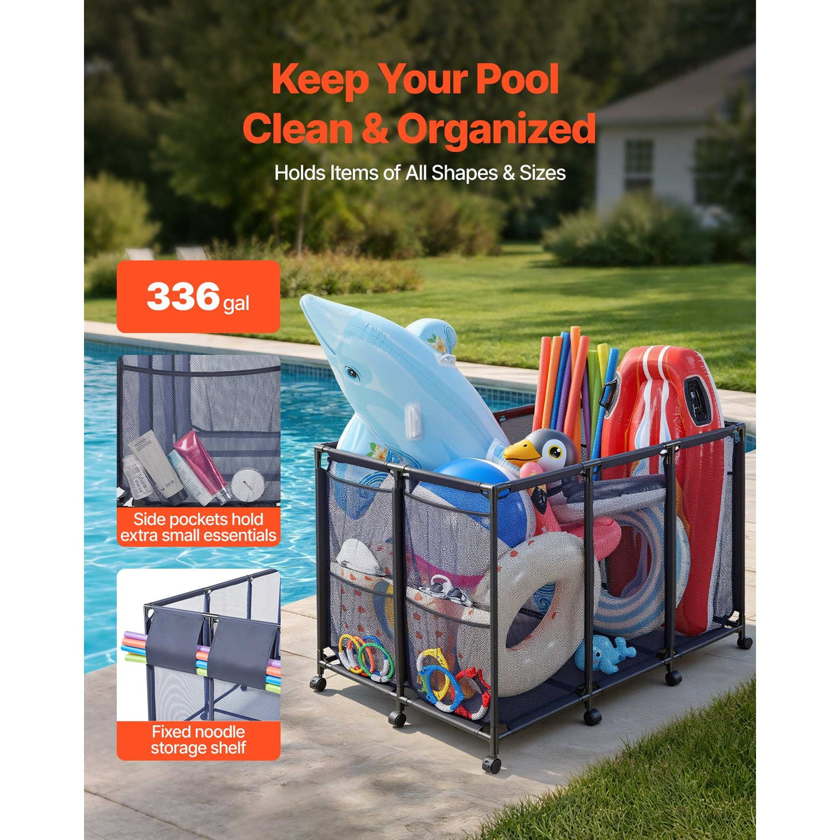 Pool Storage Bin, 69 x 32 x 35 in, Rolling Pool Float Storage Organizer with Side Pockets & Noodles Holder, Durable Metal Frame, Poolside Toys Breathable Mesh Basket for Swimming Pools
