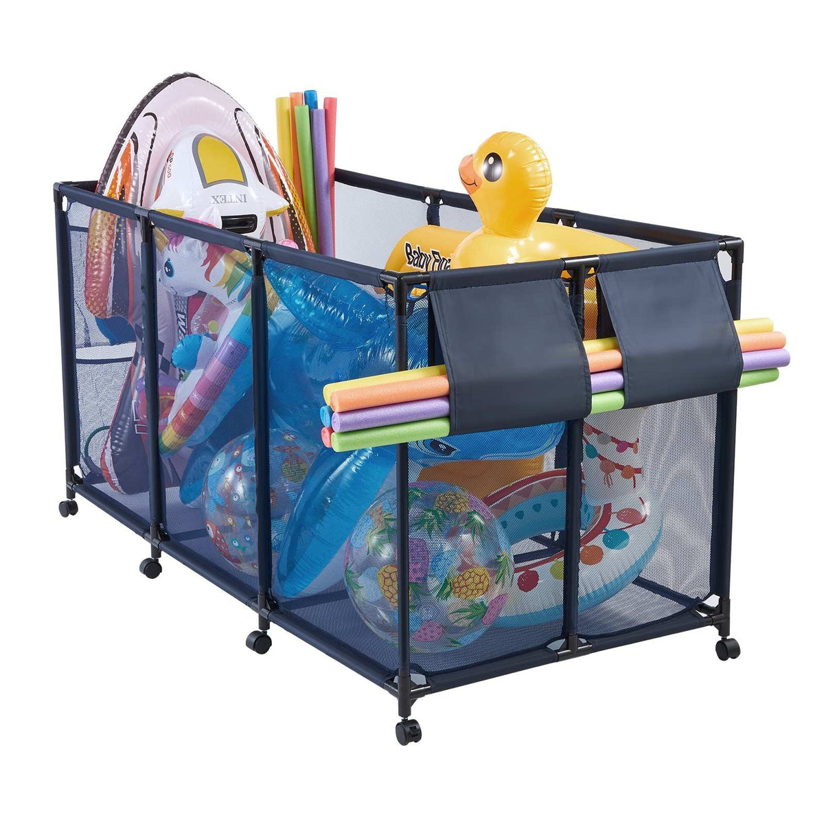 Pool Storage Bin, 69 x 32 x 35 in, Rolling Pool Float Storage Organizer with Side Pockets & Noodles Holder, Durable Metal Frame, Poolside Toys Breathable Mesh Basket for Swimming Pools