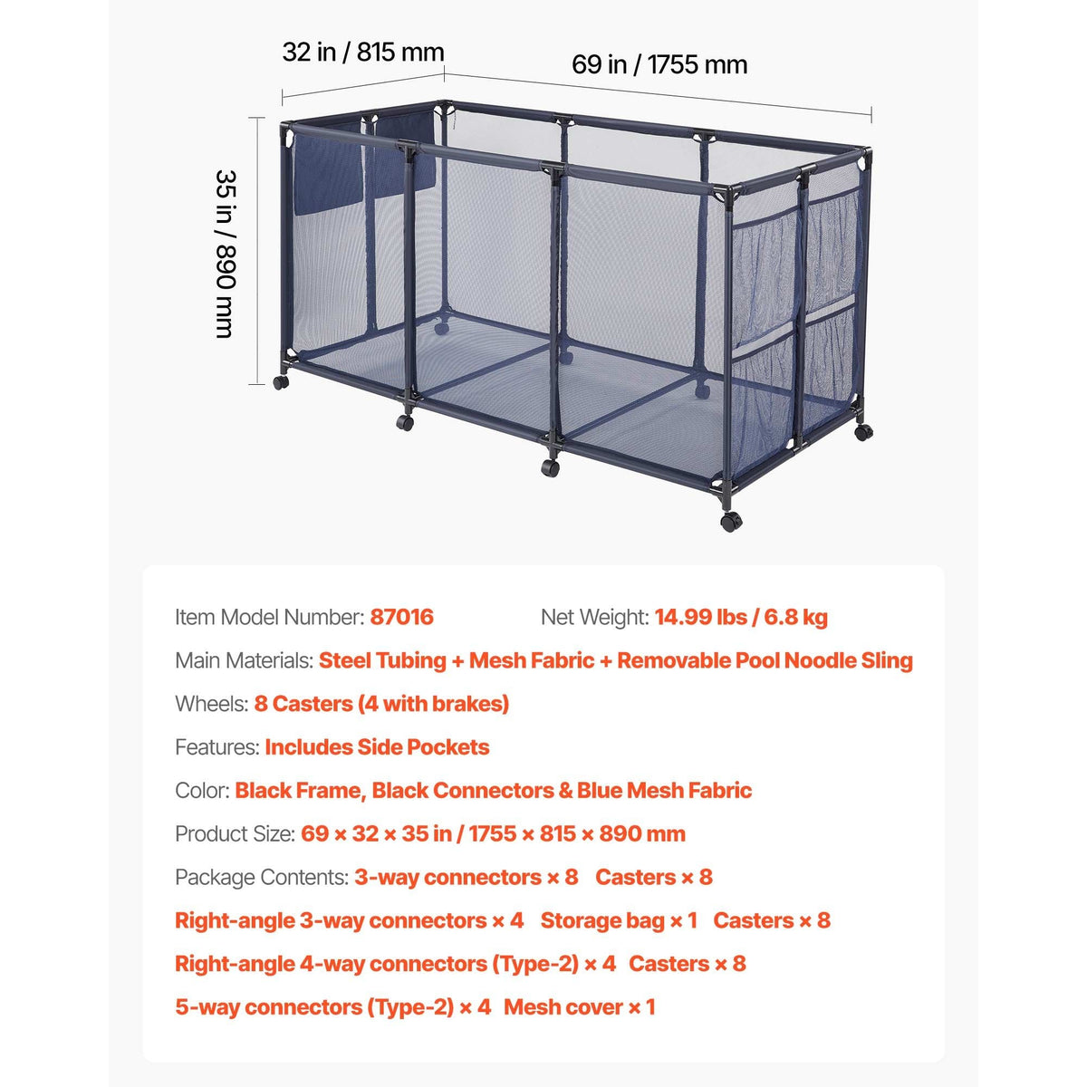 Pool Storage Bin, 69 x 32 x 35 in, Rolling Pool Float Storage Organizer with Side Pockets & Noodles Holder, Durable Metal Frame, Poolside Toys Breathable Mesh Basket for Swimming Pools