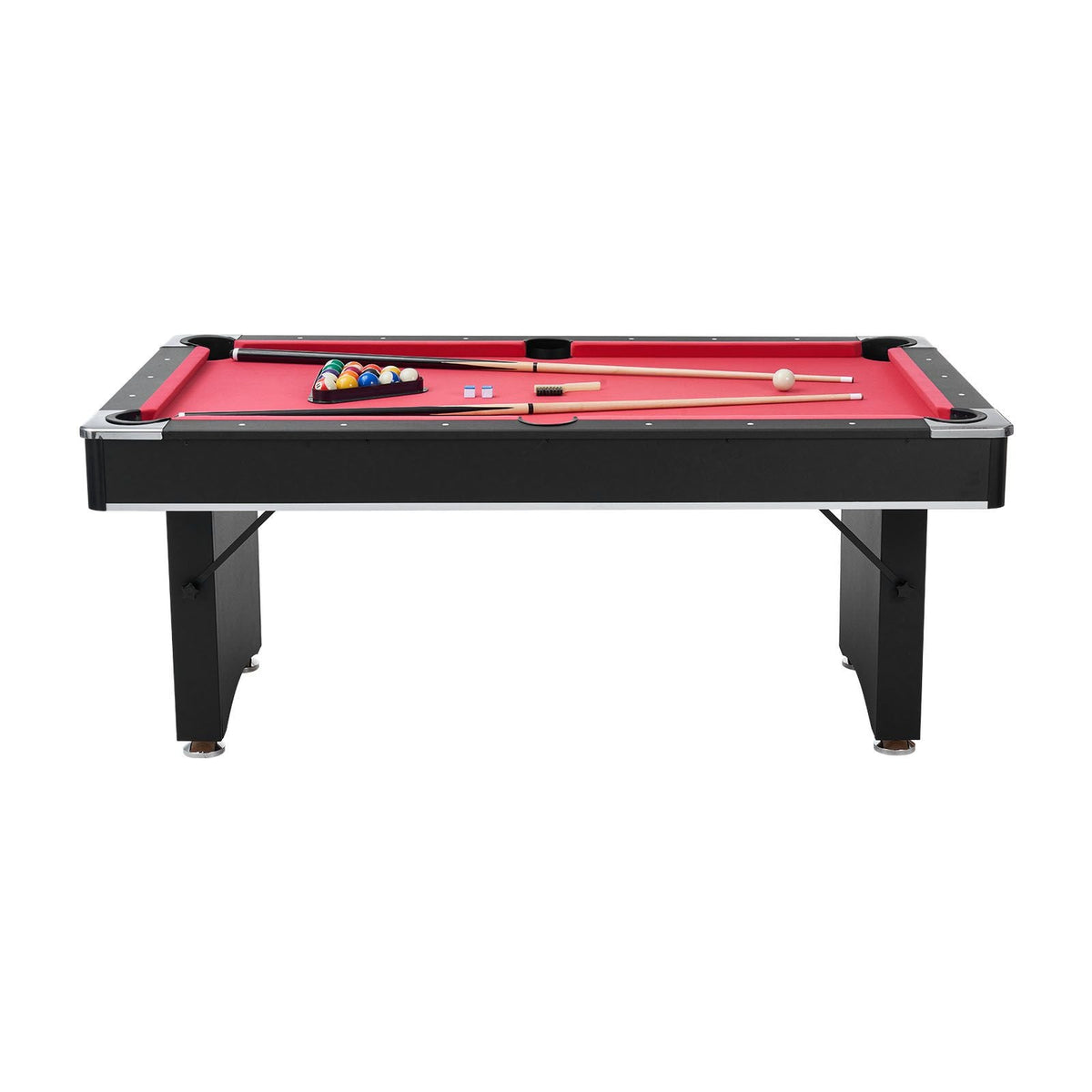 Pool Table, 6 ft Portable Billiards Tables, Adjustable Feet Stable Game Table, Entertainment Set Includes Ball, Cue, Rack, Chalk and Brush, Black with Red Cloth, for Family Use, Recreation Room