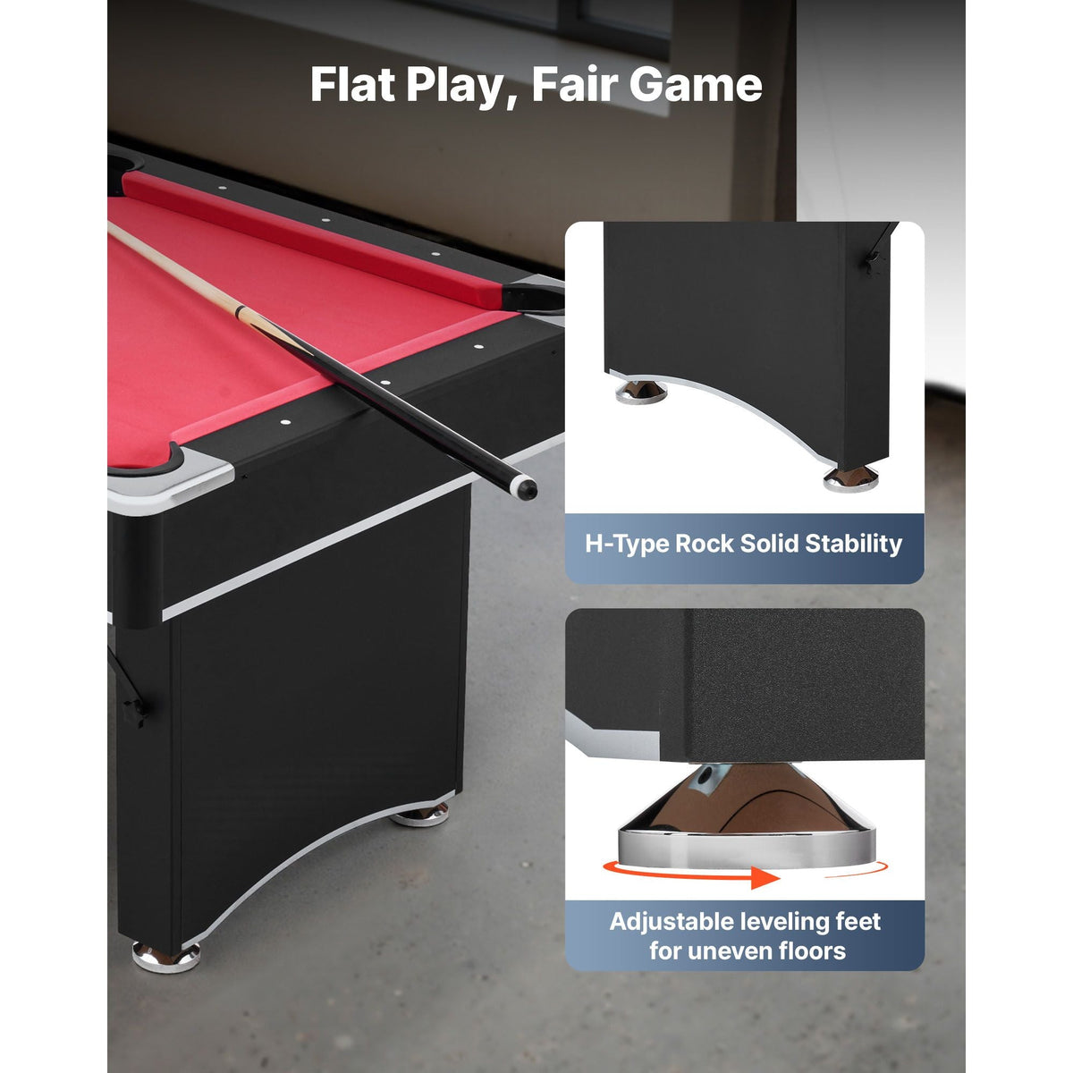 Pool Table, 6 ft Portable Billiards Tables, Adjustable Feet Stable Game Table, Entertainment Set Includes Ball, Cue, Rack, Chalk and Brush, Black with Red Cloth, for Family Use, Recreation Room