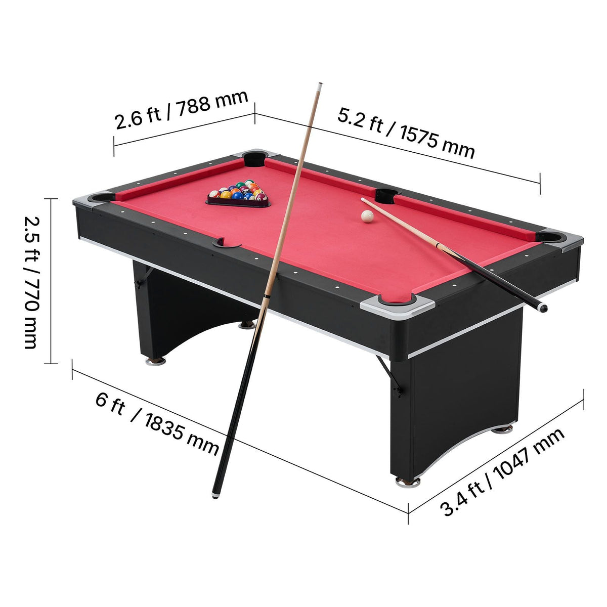 Pool Table, 6 ft Portable Billiards Tables, Adjustable Feet Stable Game Table, Entertainment Set Includes Ball, Cue, Rack, Chalk and Brush, Black with Red Cloth, for Family Use, Recreation Room