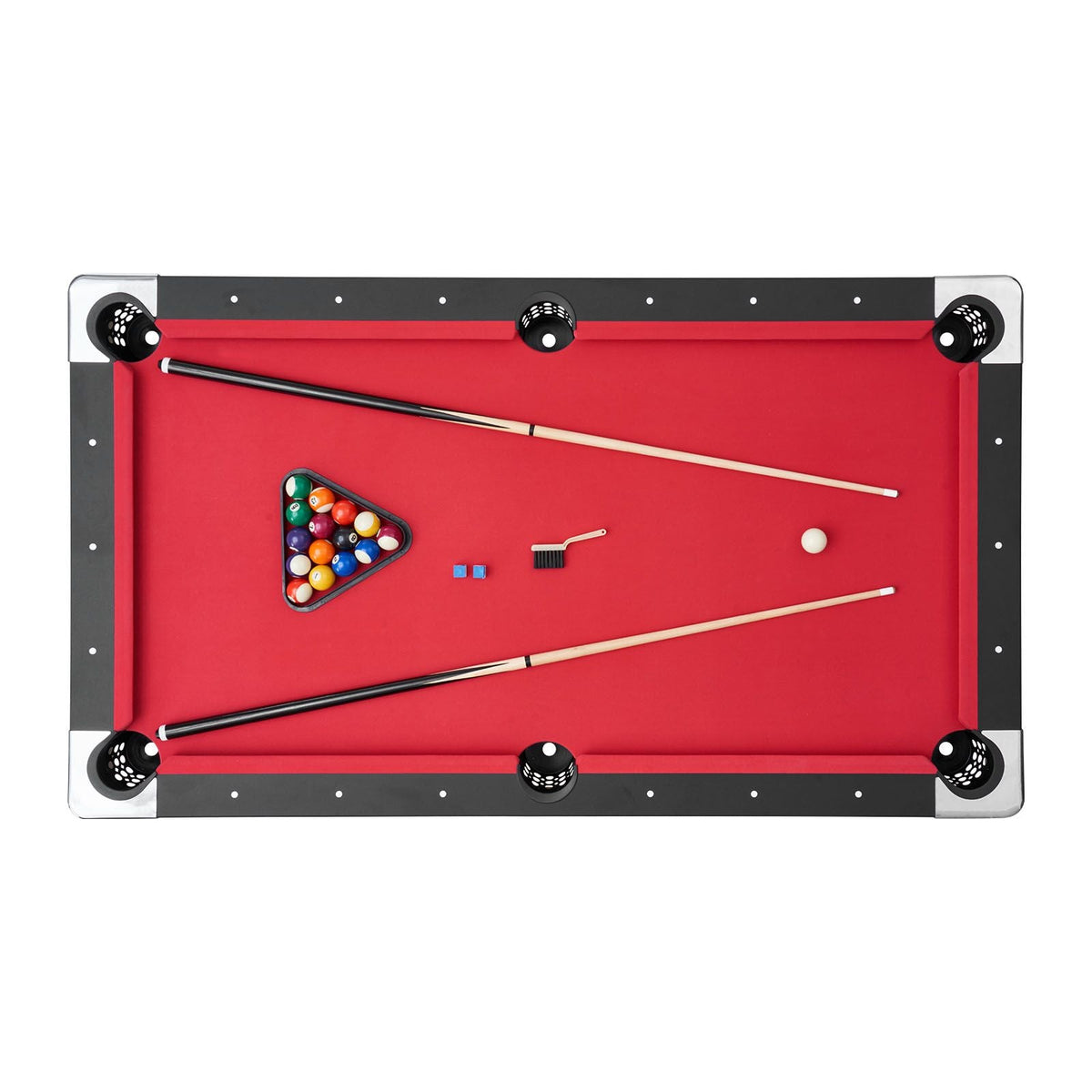 Pool Table, 6 ft Portable Billiards Tables, Adjustable Feet Stable Game Table, Entertainment Set Includes Ball, Cue, Rack, Chalk and Brush, Black with Red Cloth, for Family Use, Recreation Room