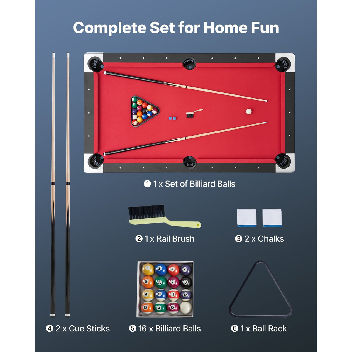 Pool Table, 6 ft Portable Billiards Tables, Adjustable Feet Stable Game Table, Entertainment Set Includes Ball, Cue, Rack, Chalk and Brush, Black with Red Cloth, for Family Use, Recreation Room