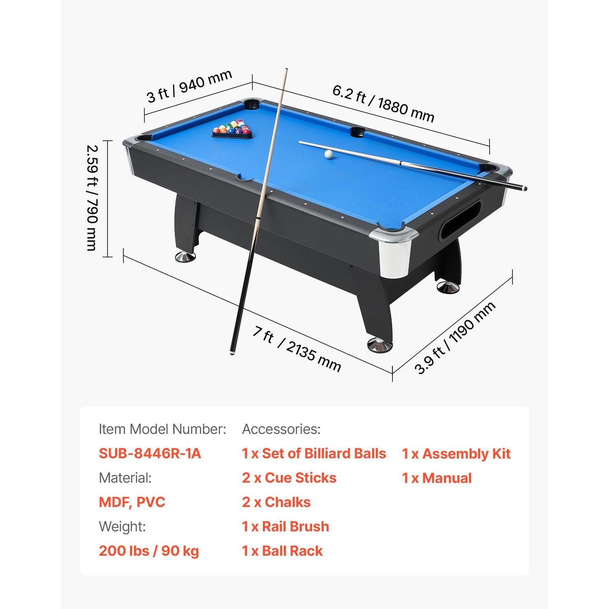 Pool Table, 7 ft Portable Billiards Tables, Adjustable Feet Stable Game Table, Entertainment Set Includes Ball, Cue, Rack, Chalk and Brush, Black with Bule Cloth, for Family Use, Recreation Room