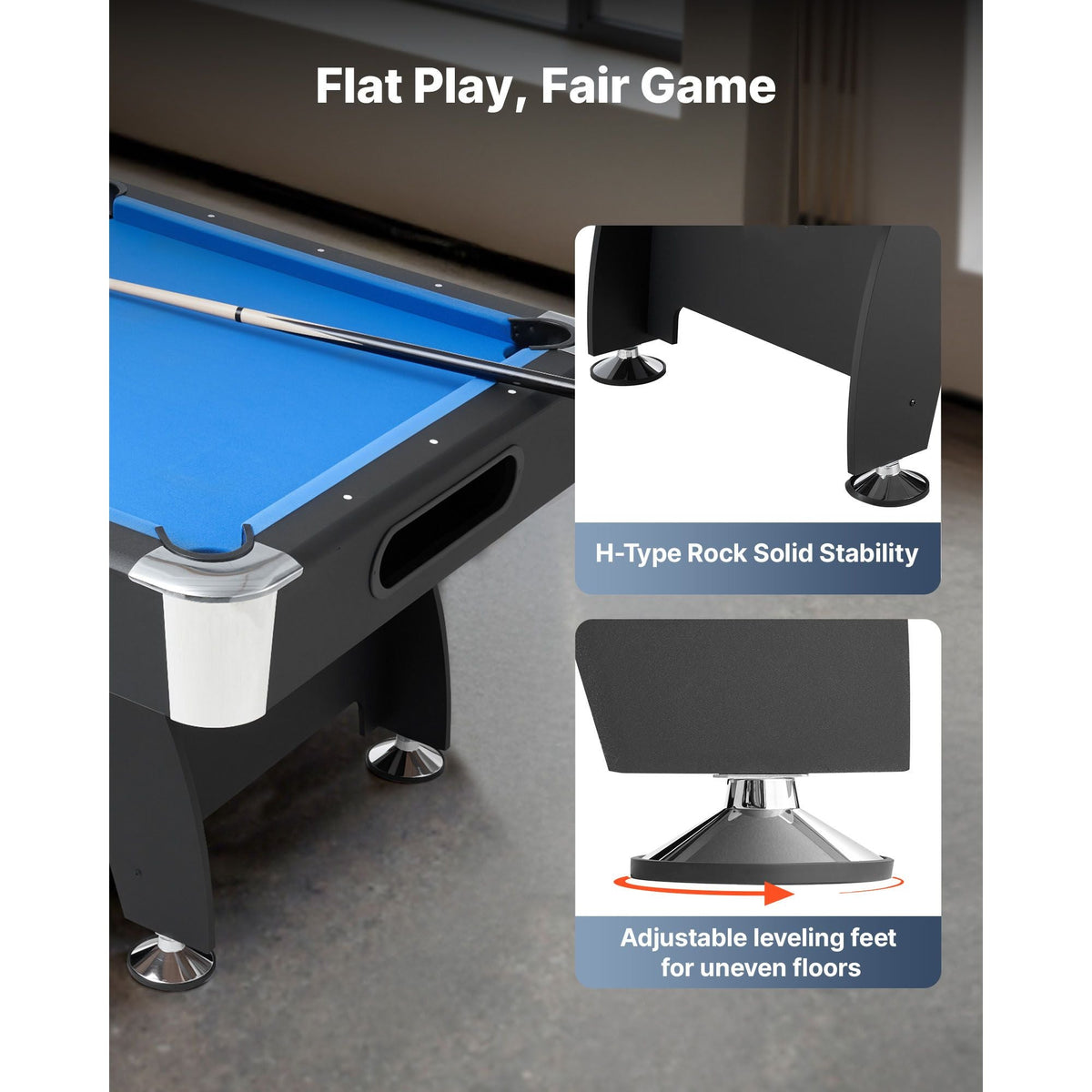Pool Table, 7 ft Portable Billiards Tables, Adjustable Feet Stable Game Table, Entertainment Set Includes Ball, Cue, Rack, Chalk and Brush, Black with Bule Cloth, for Family Use, Recreation Room